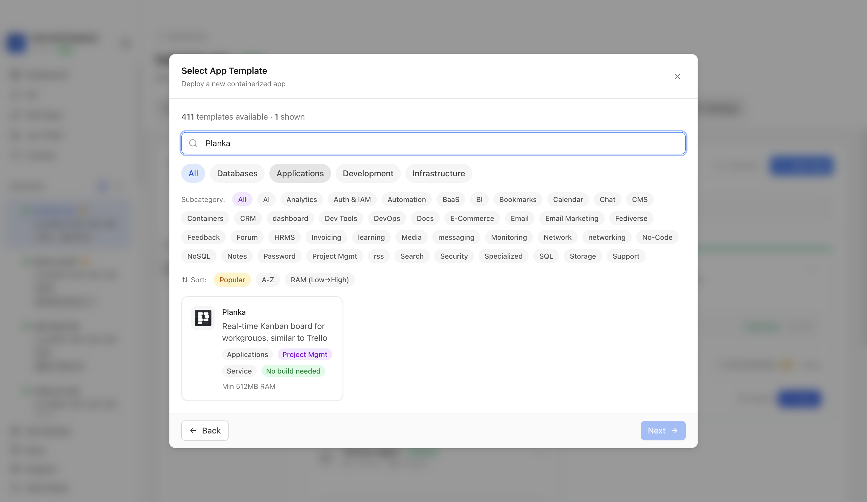 Searching for Planka in the Server Compass template picker