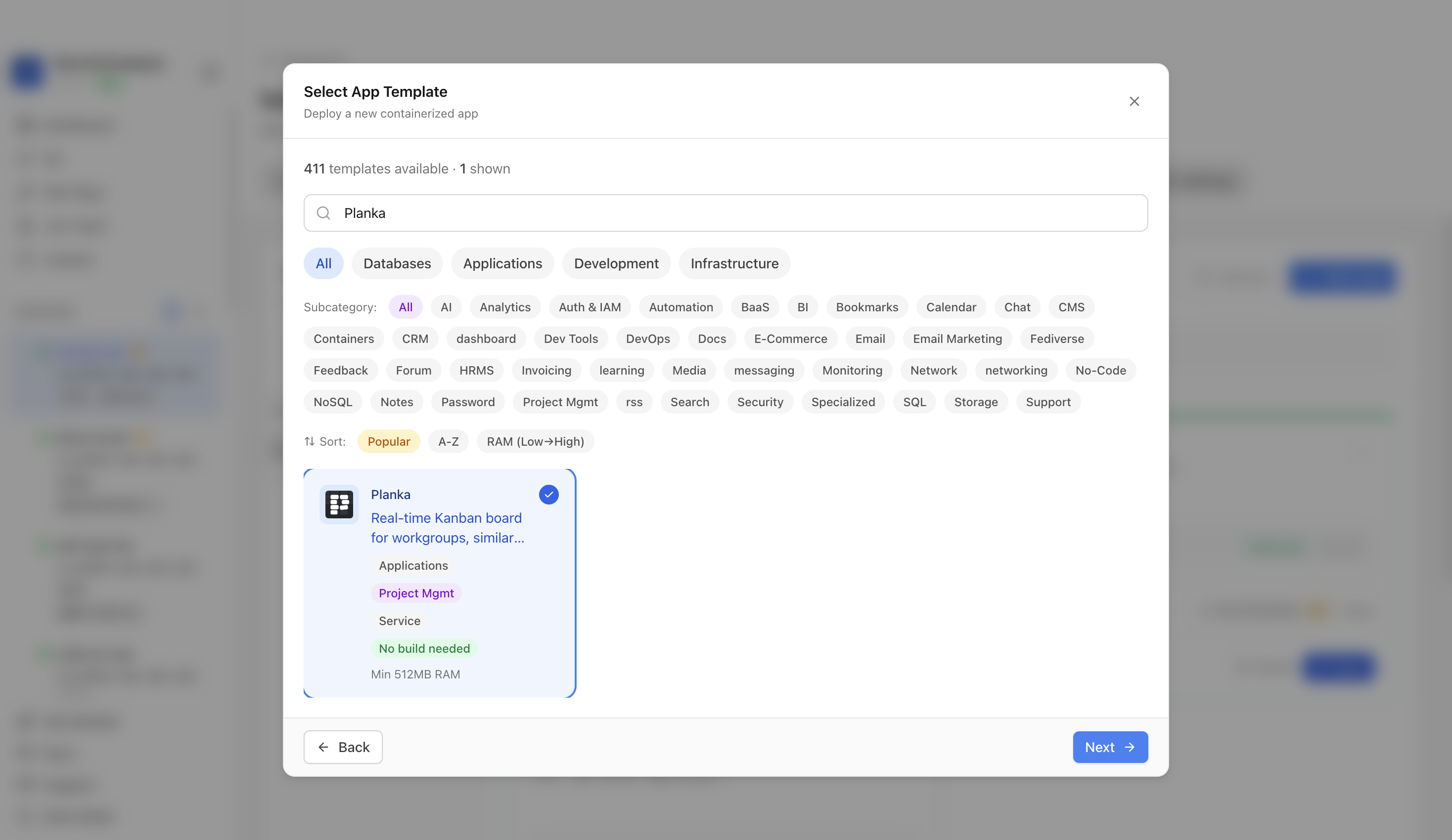 Planka template selected in Server Compass