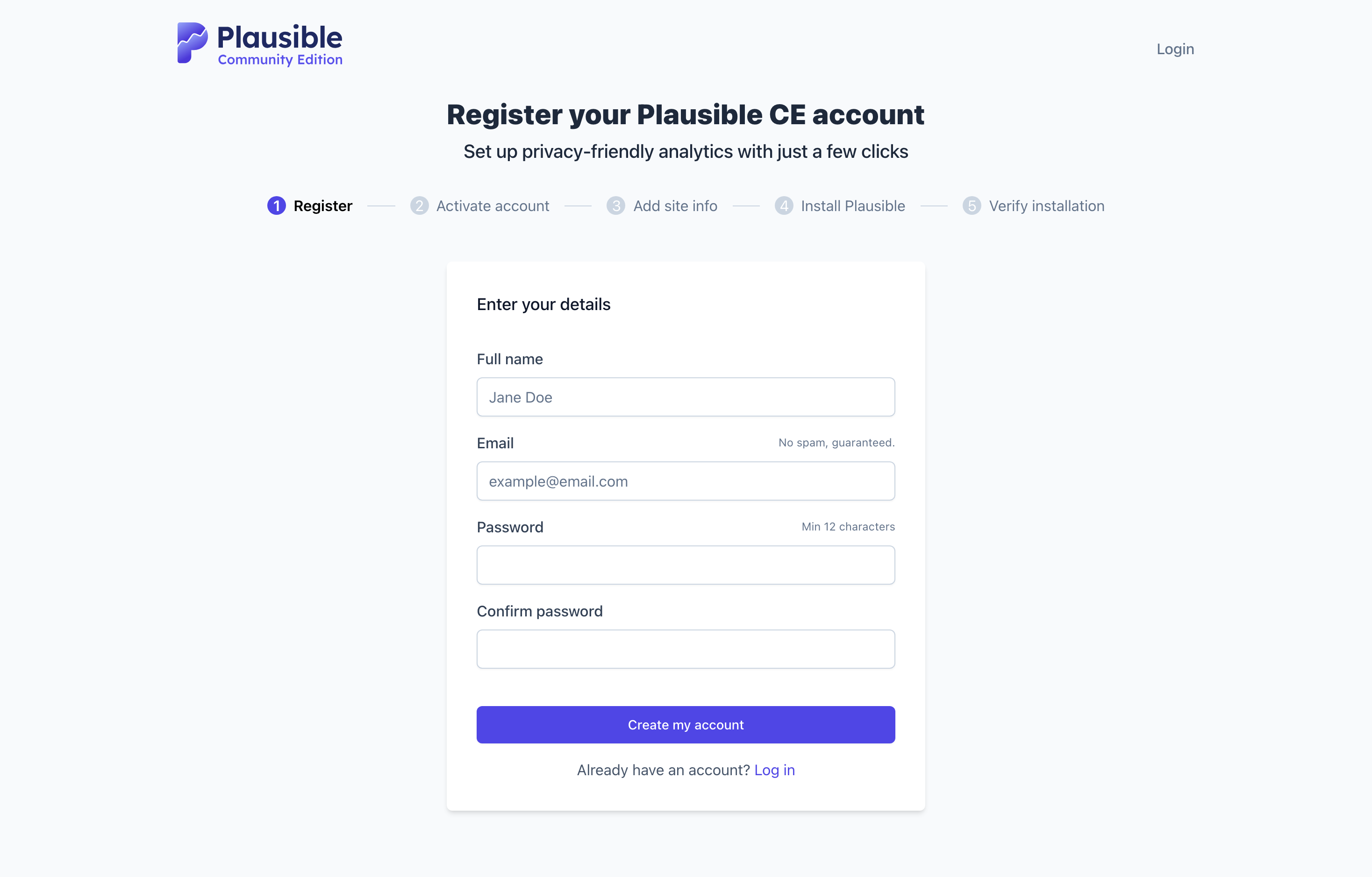 The deployed Plausible Analytics web UI loaded in a browser