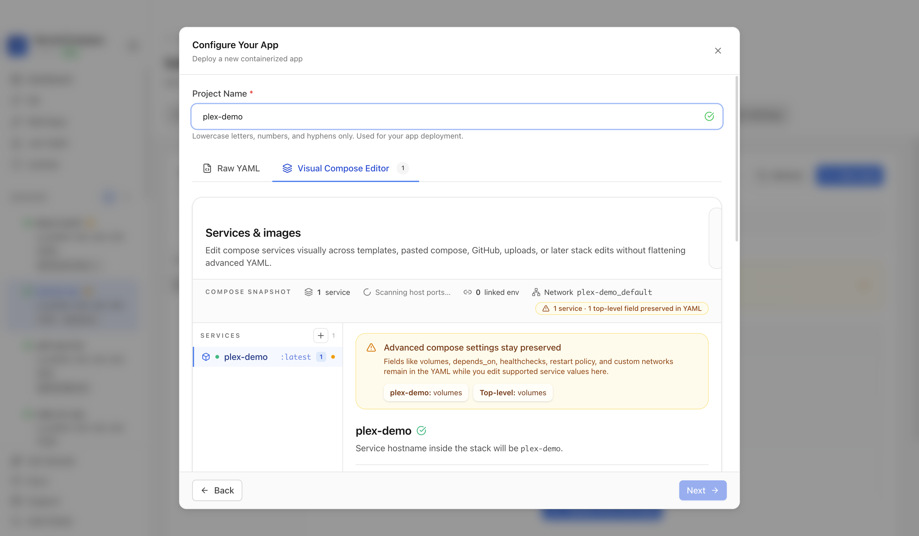 Reviewing Plex project settings and compose services