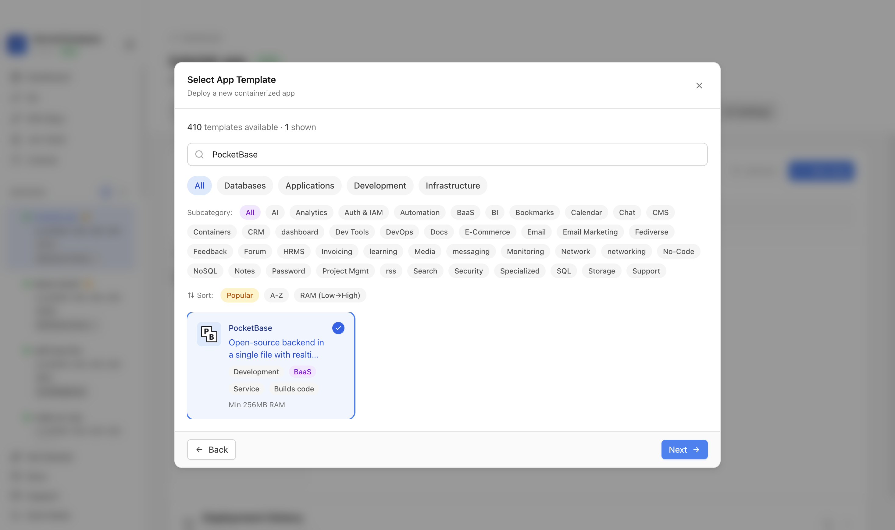 PocketBase template selected in Server Compass