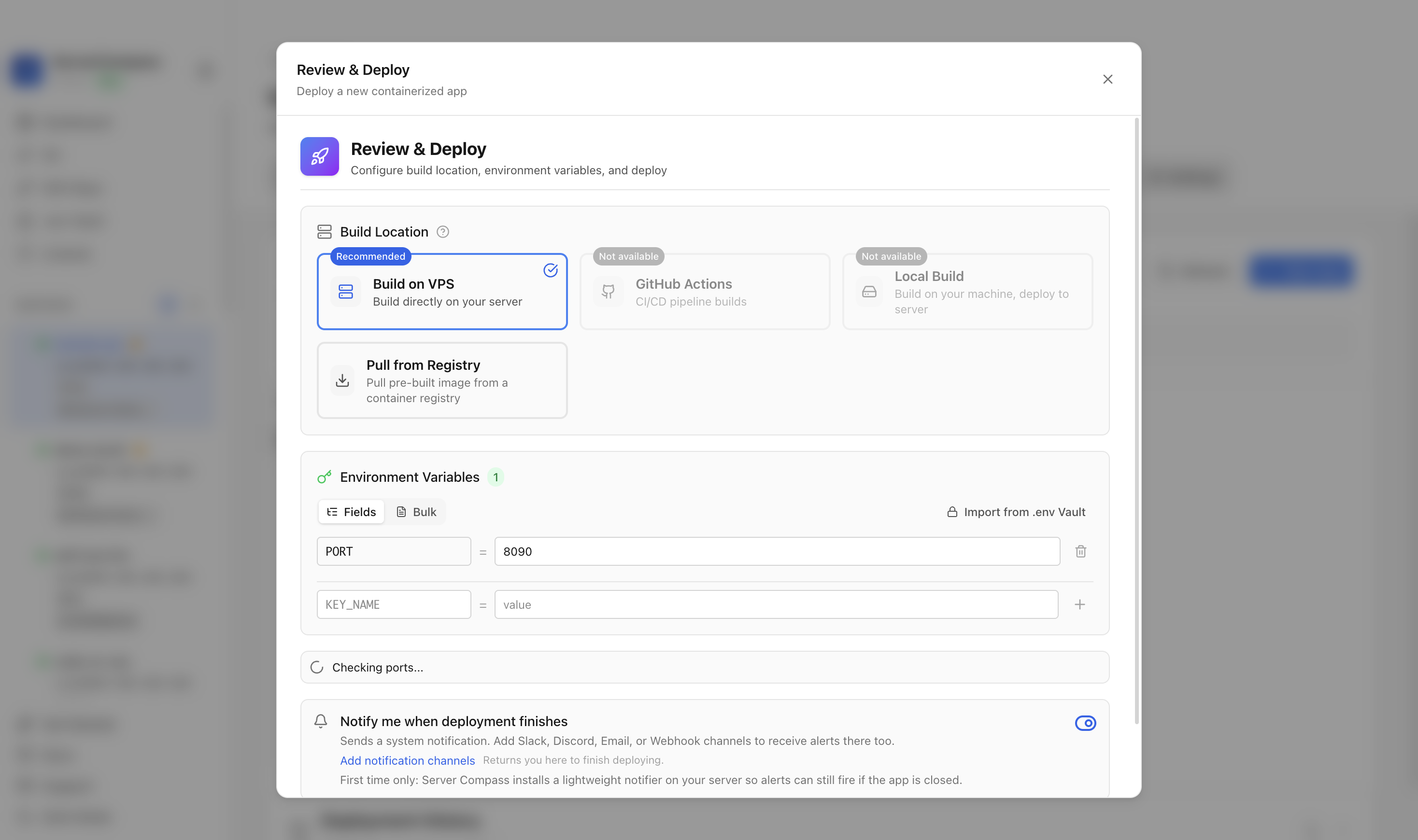 Reviewing PocketBase environment variables and port before deployment