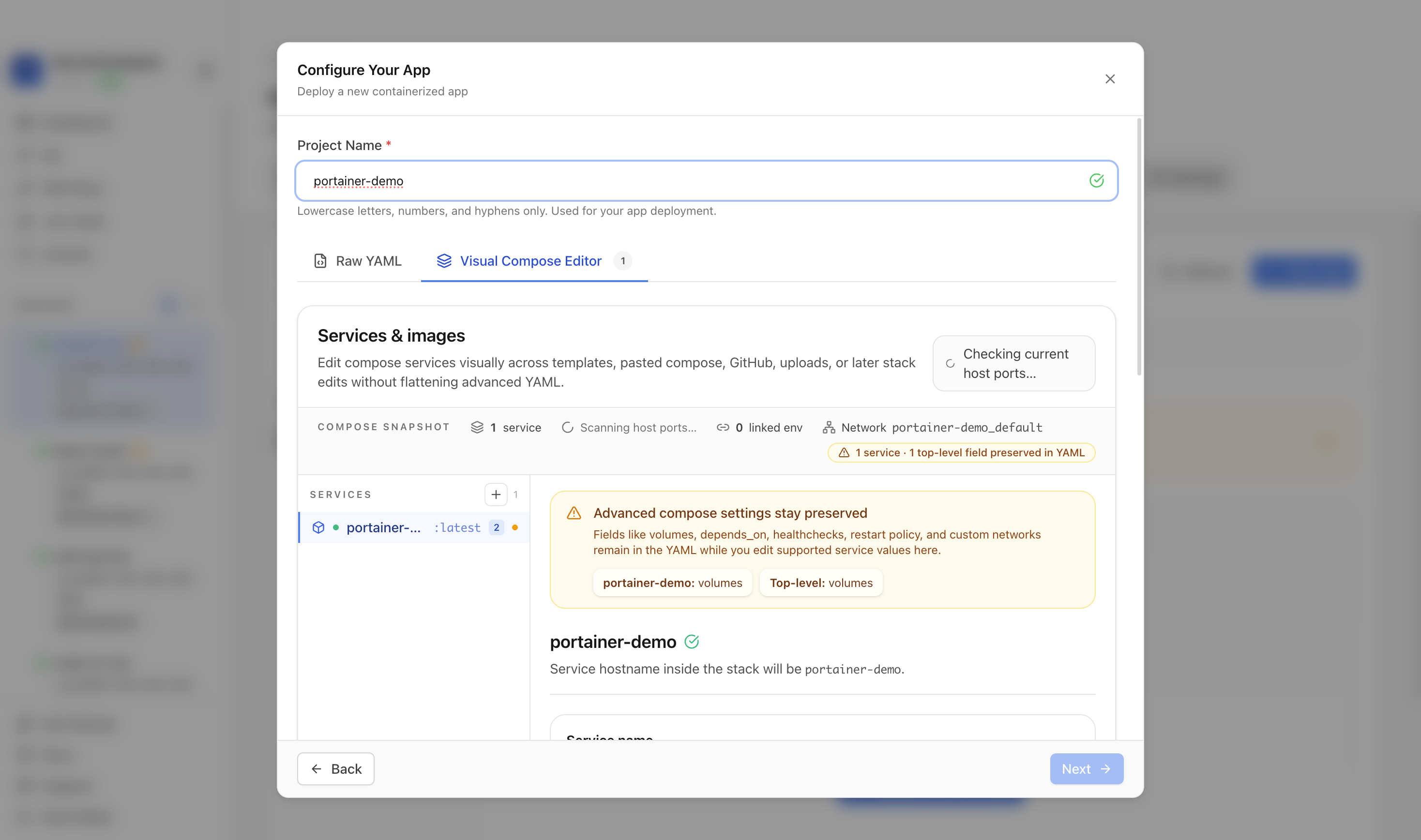 Reviewing Portainer project settings and compose services