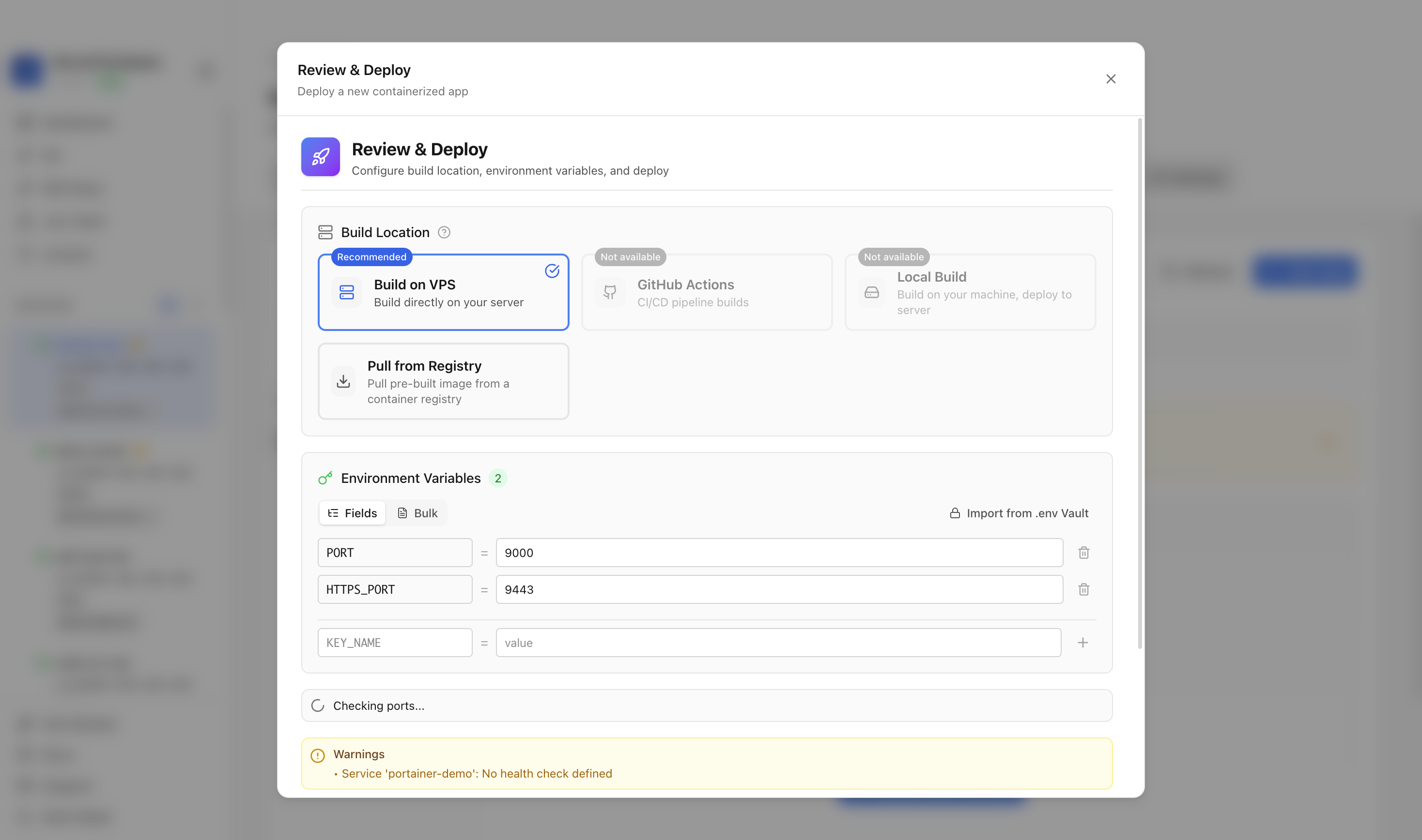 Reviewing Portainer environment variables and port before deployment