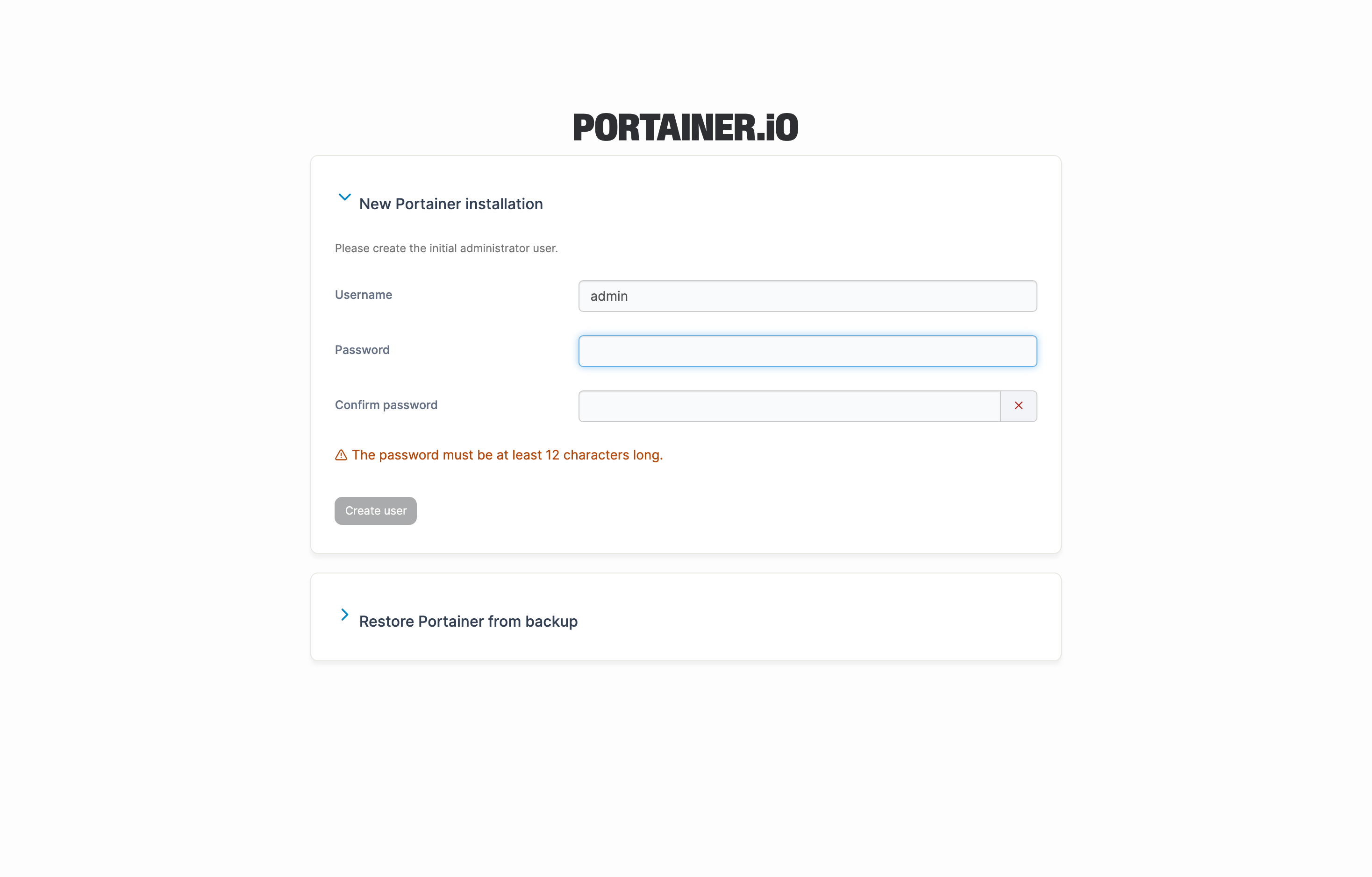The deployed Portainer initial administrator setup screen loaded in a browser