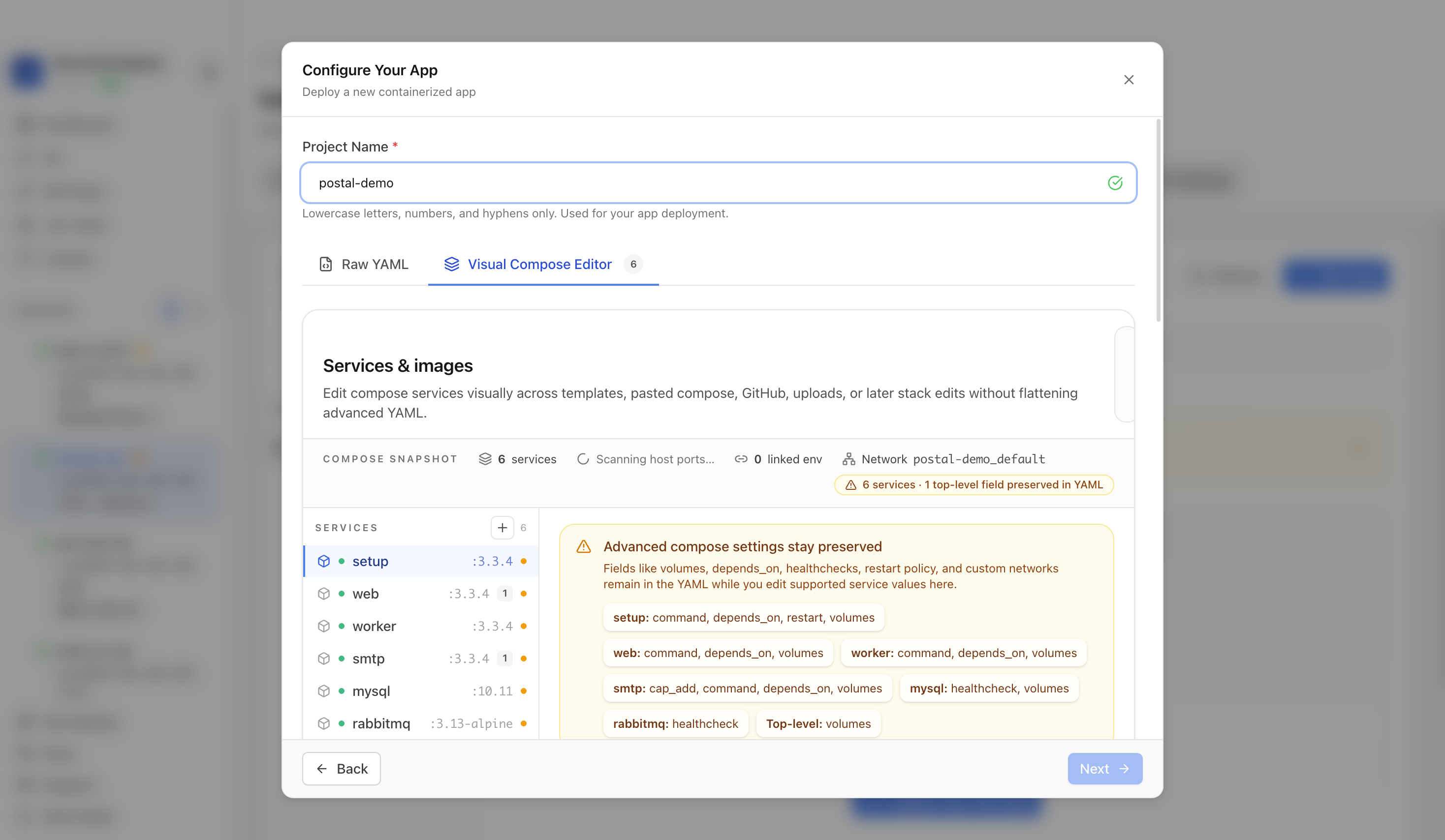 Reviewing Postal project settings and compose services
