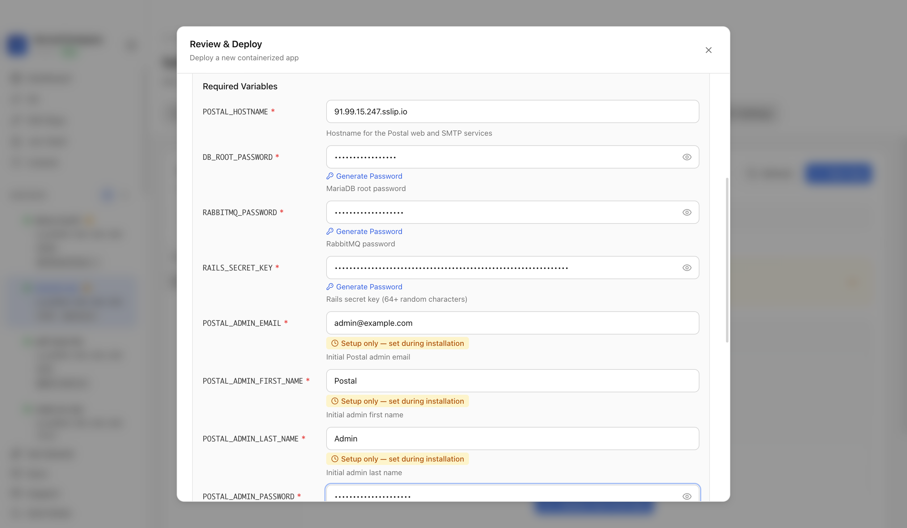 Reviewing Postal hostname, admin, secret, and port settings before deployment