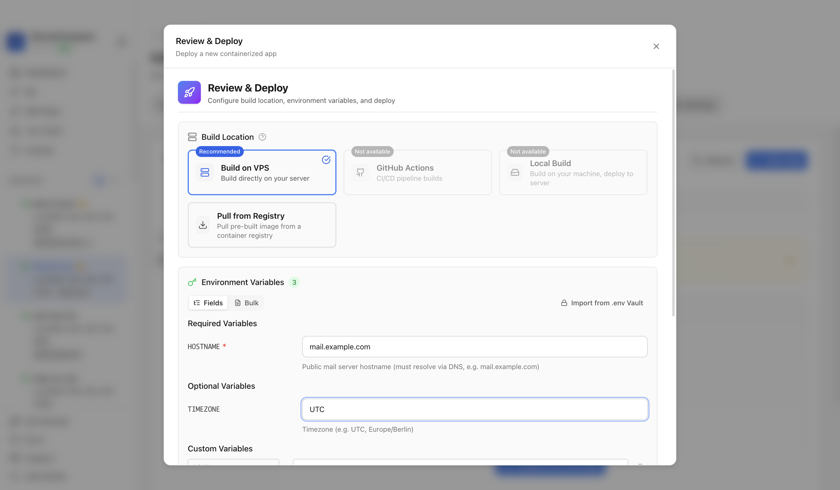 Reviewing Poste.io hostname, timezone, and HTTPS port before deployment