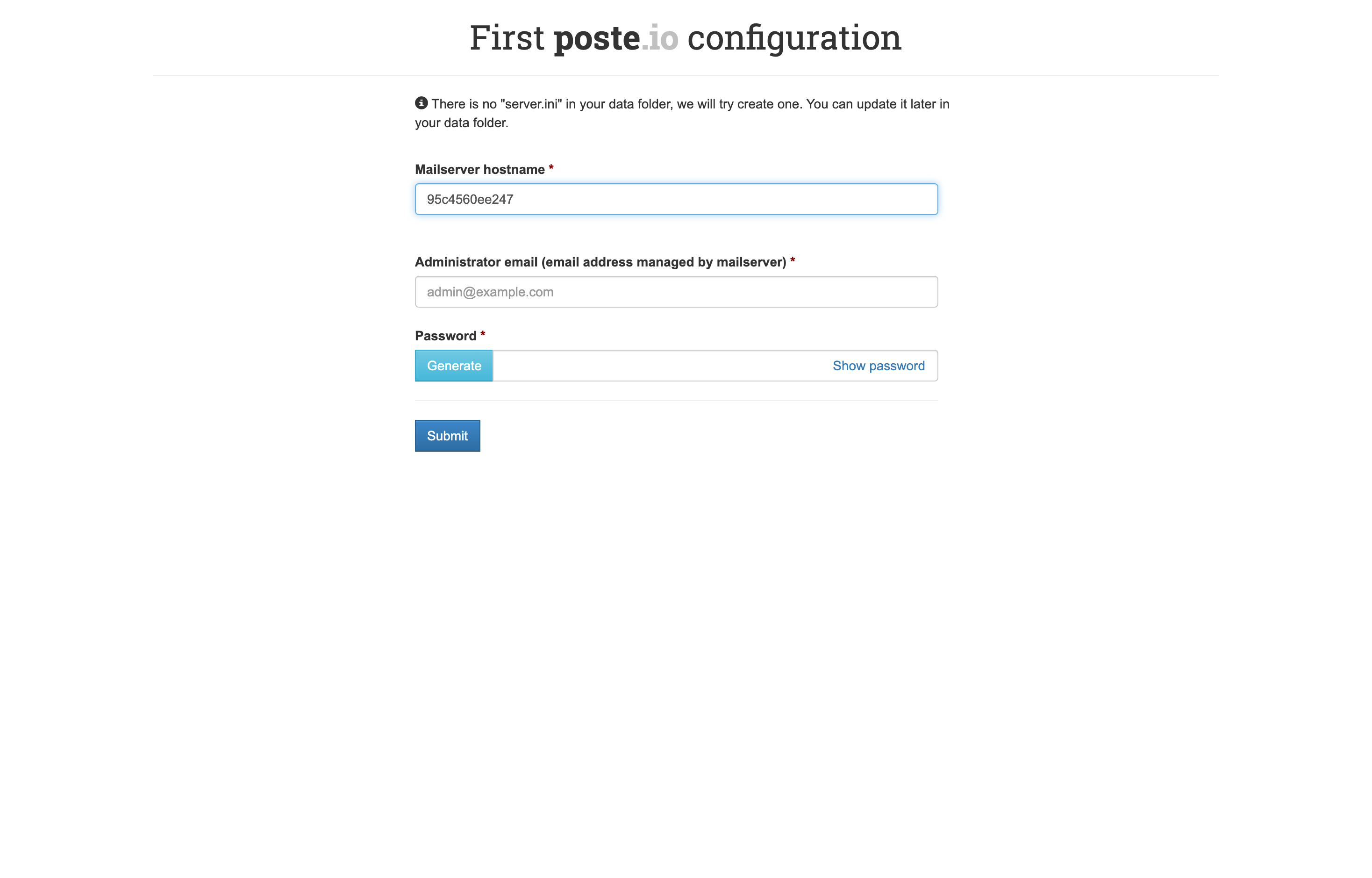 The deployed Poste.io initial server configuration page loaded in a browser