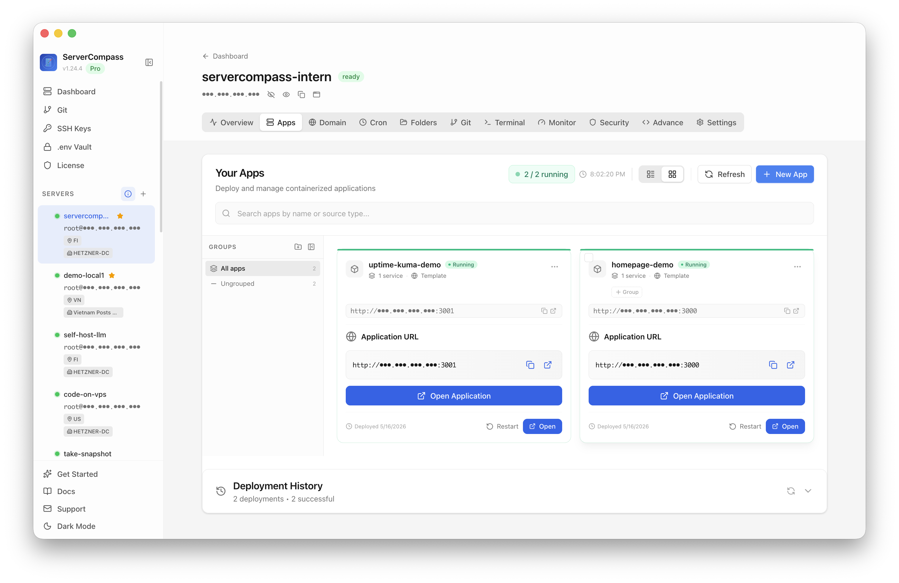 Server Compass Apps tab before creating a PostgreSQL app