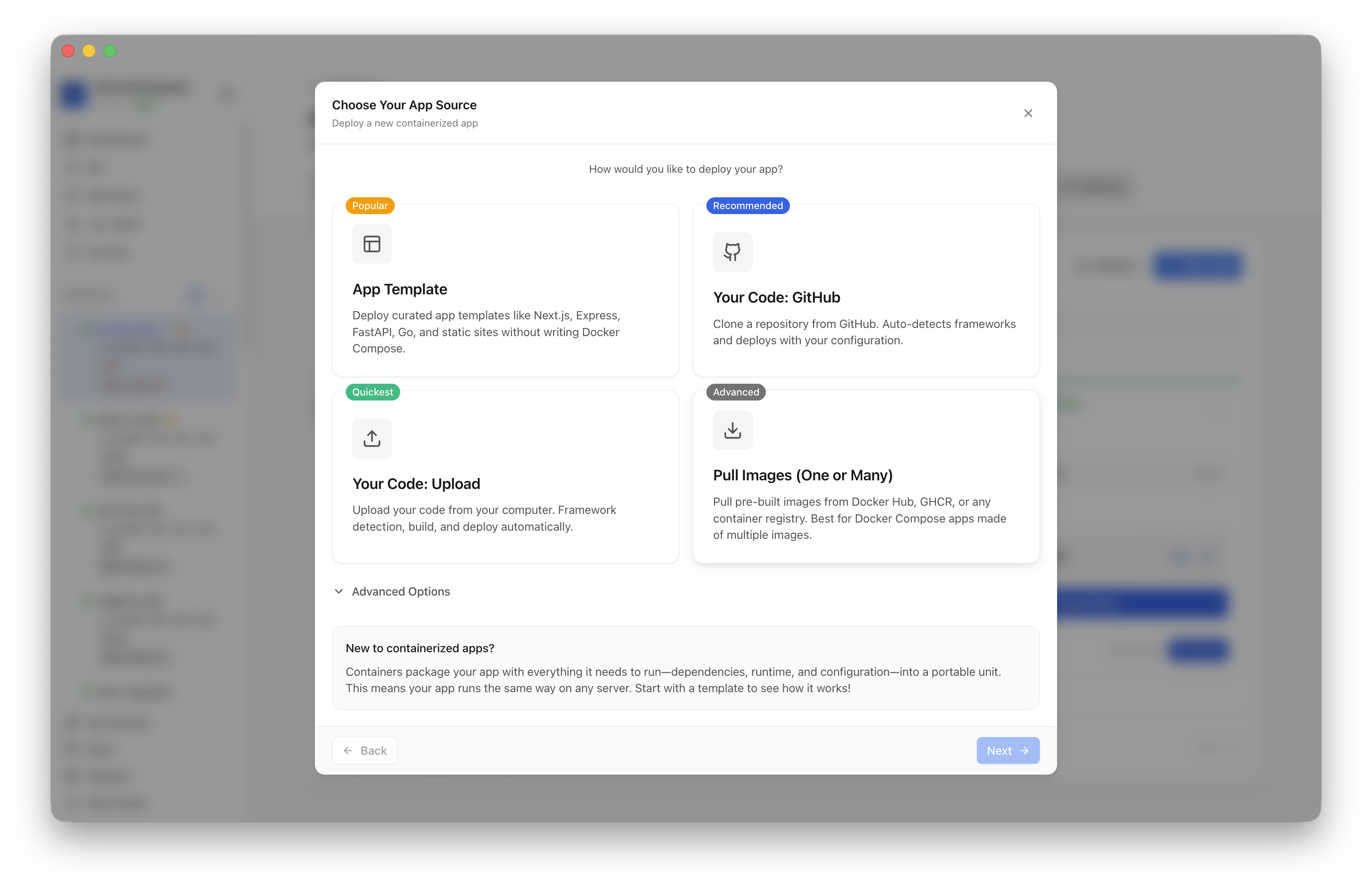 Choosing to deploy an app from a Server Compass template