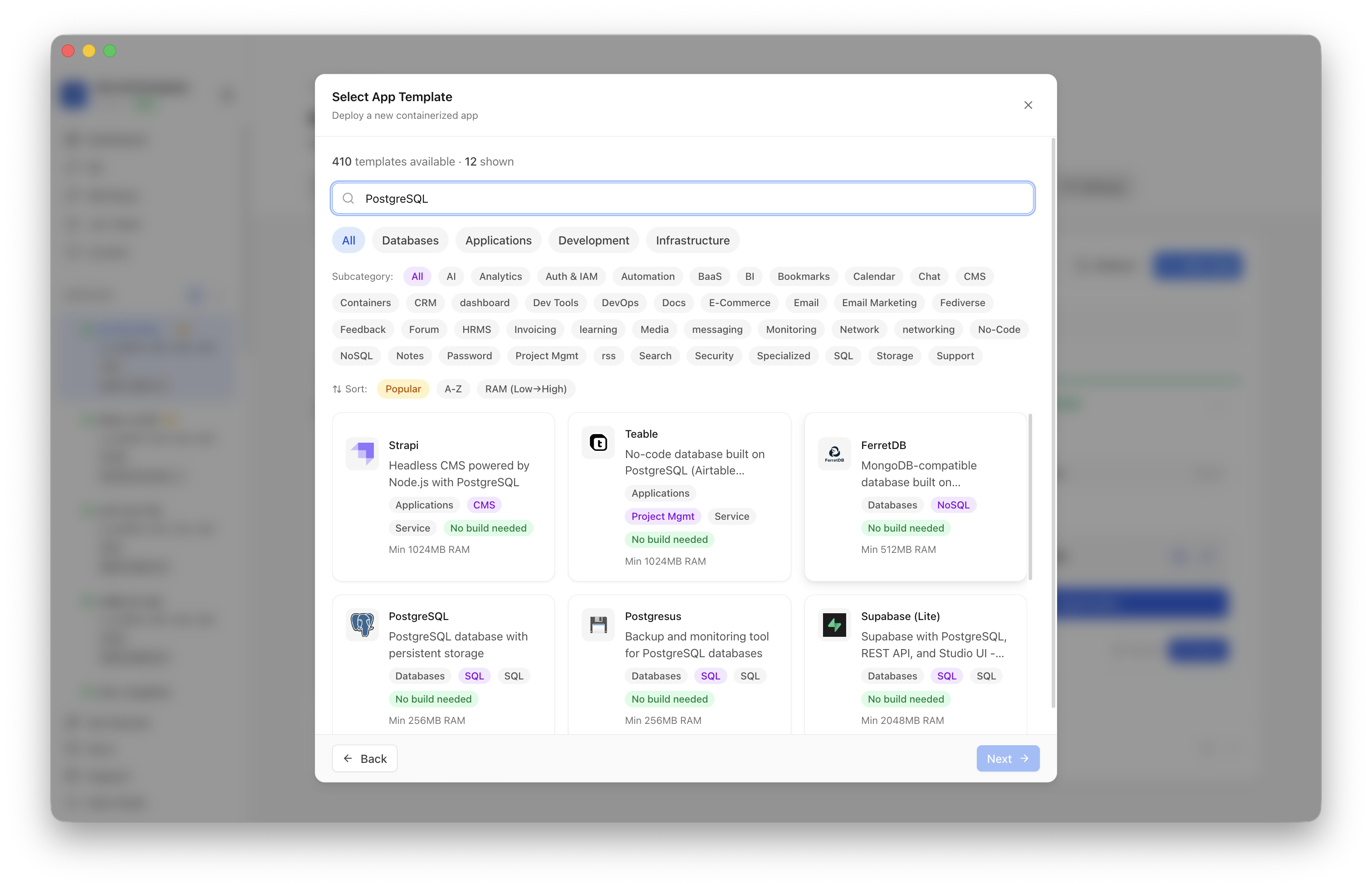 Searching for PostgreSQL in the Server Compass template picker