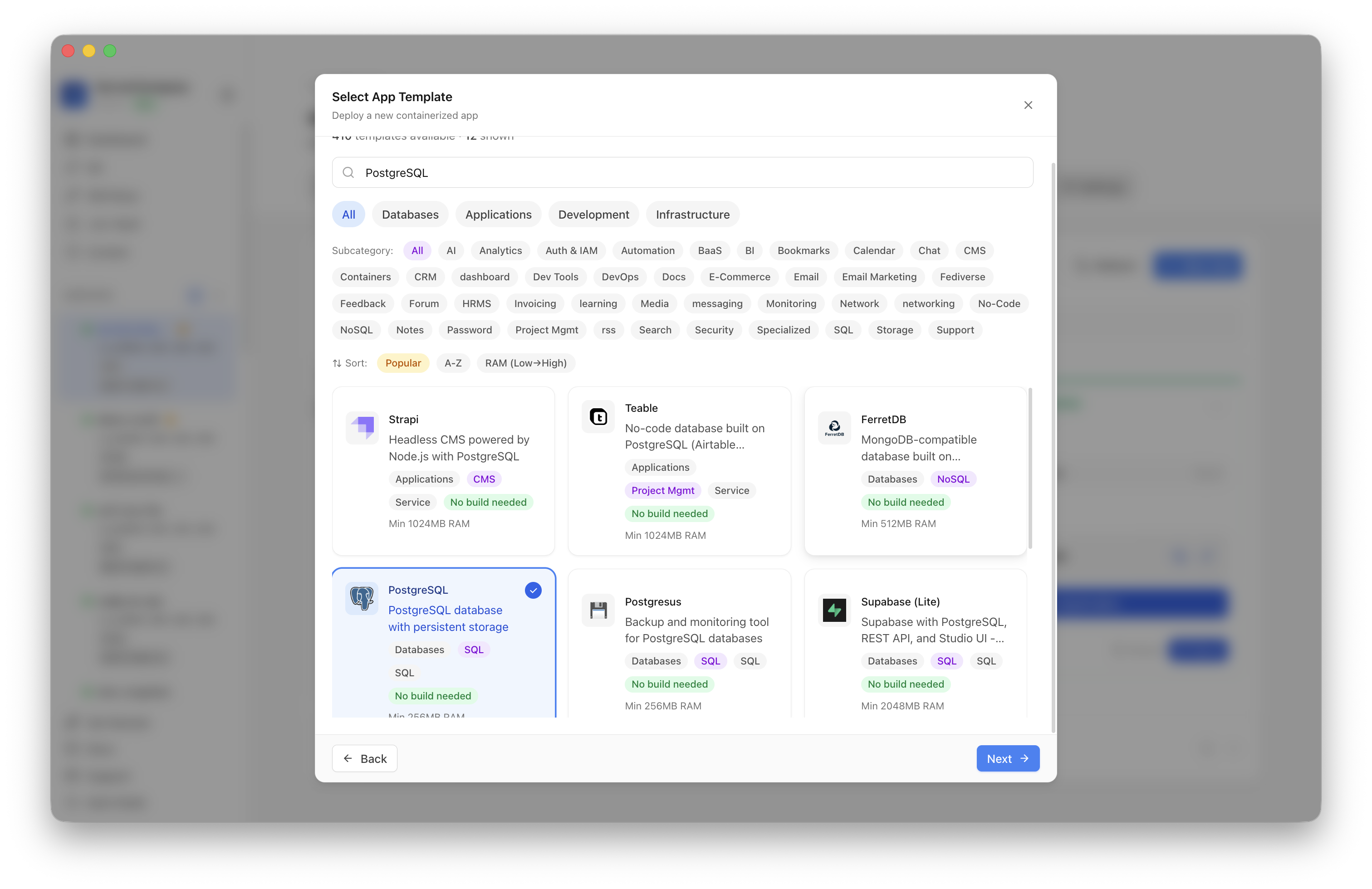 PostgreSQL template selected in Server Compass