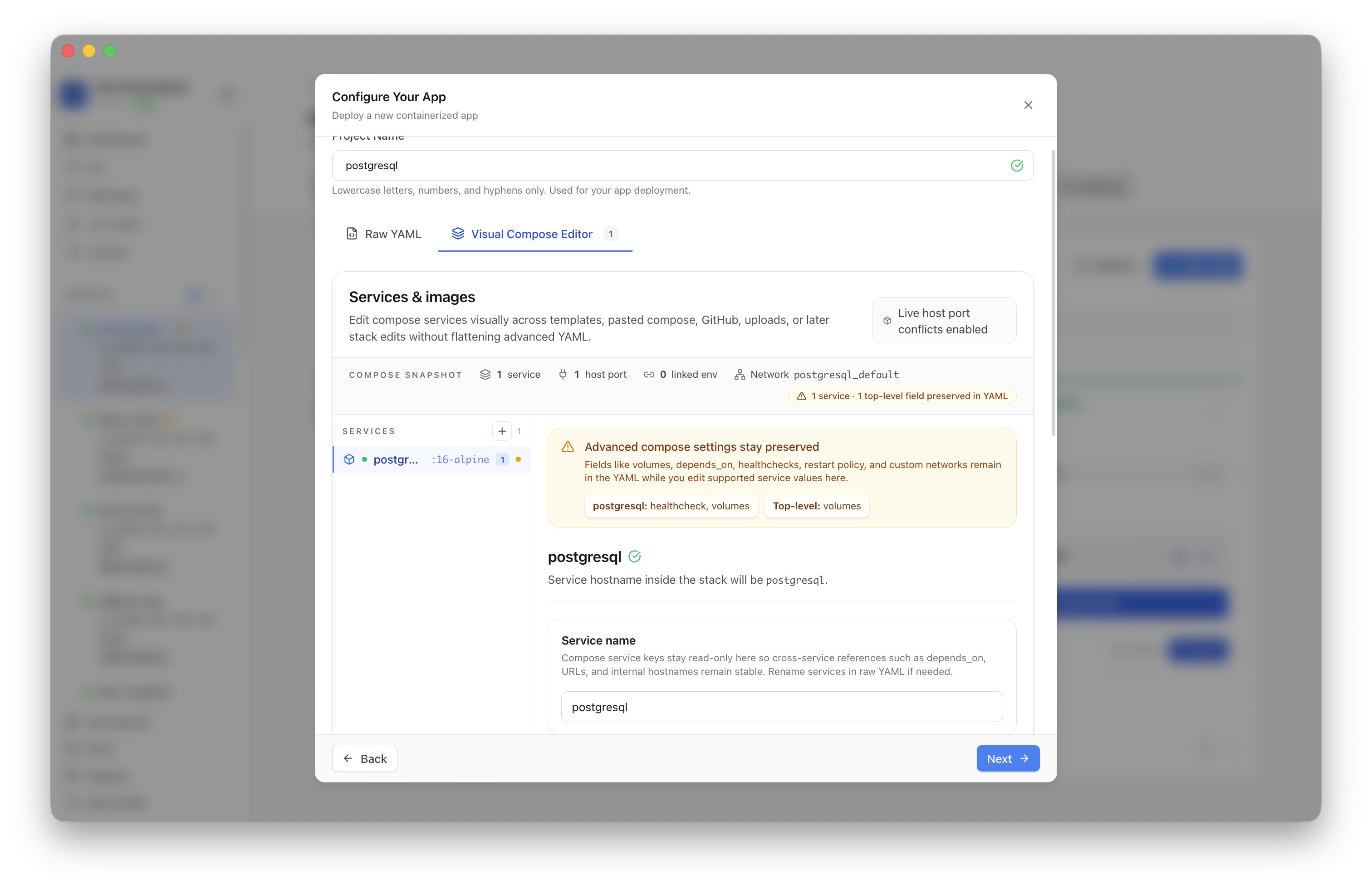 Reviewing PostgreSQL deployment settings and generated credentials