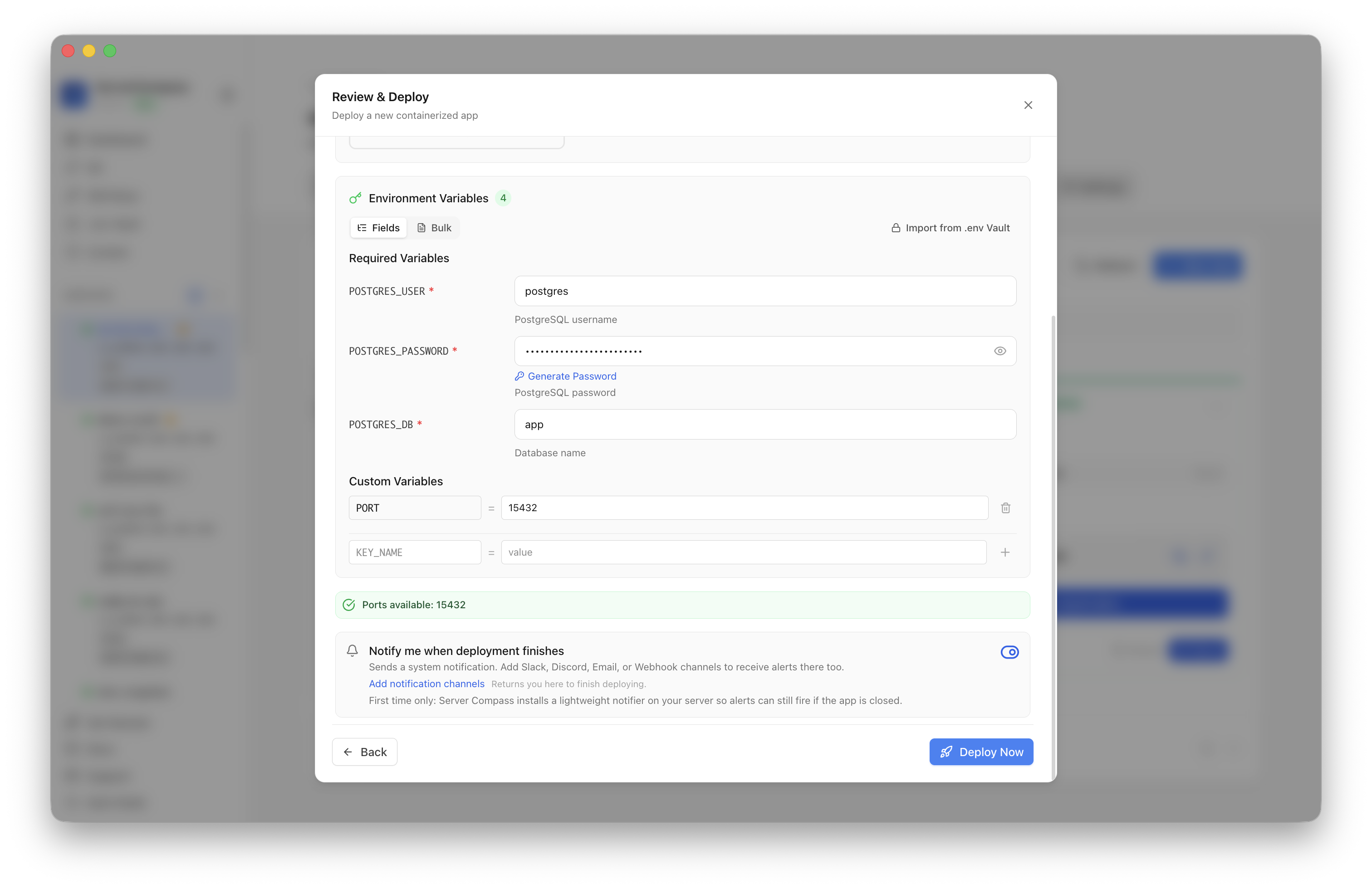 Reviewing PostgreSQL settings before clicking Deploy Now