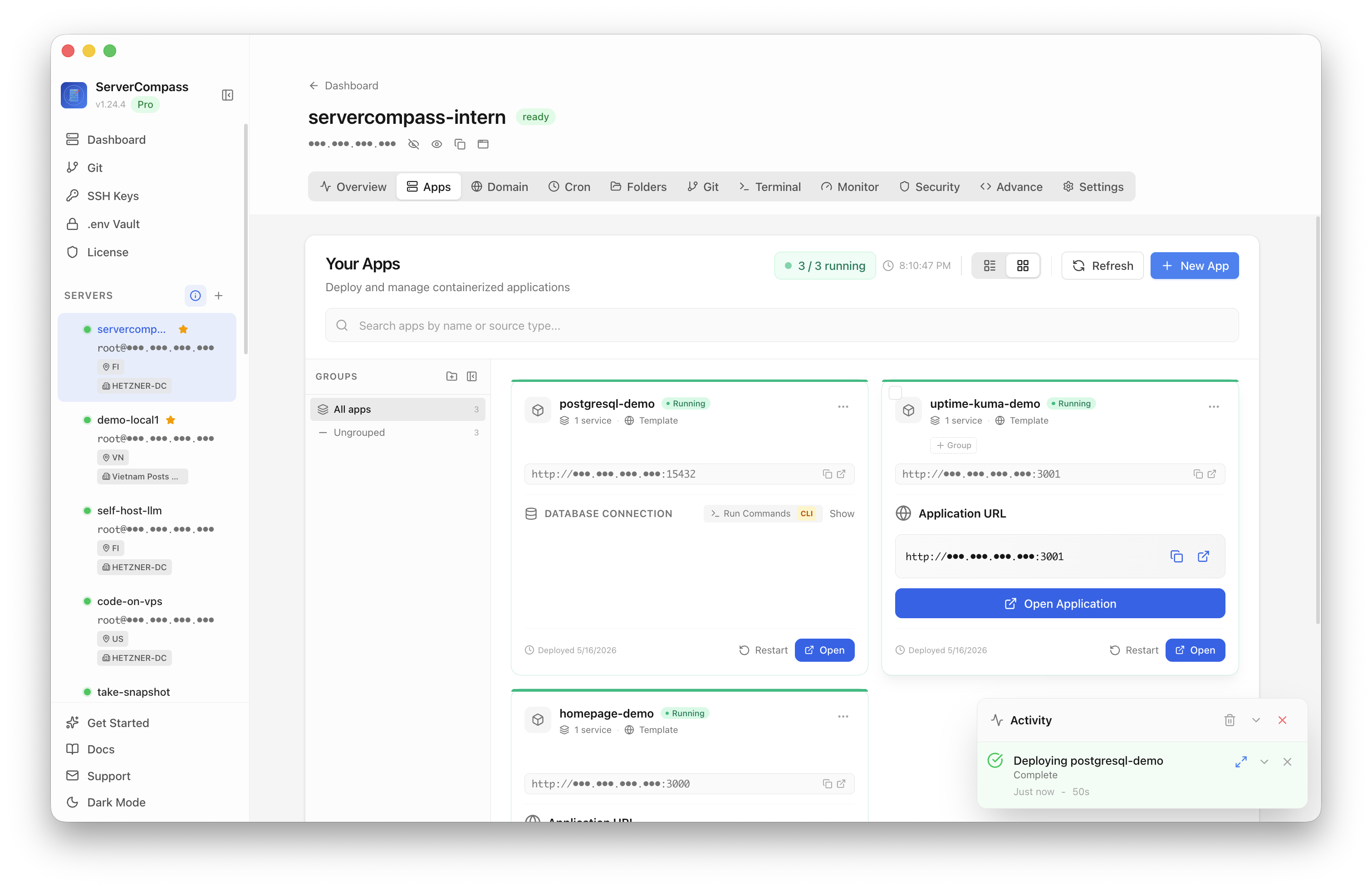 PostgreSQL template running in the Server Compass Apps tab
