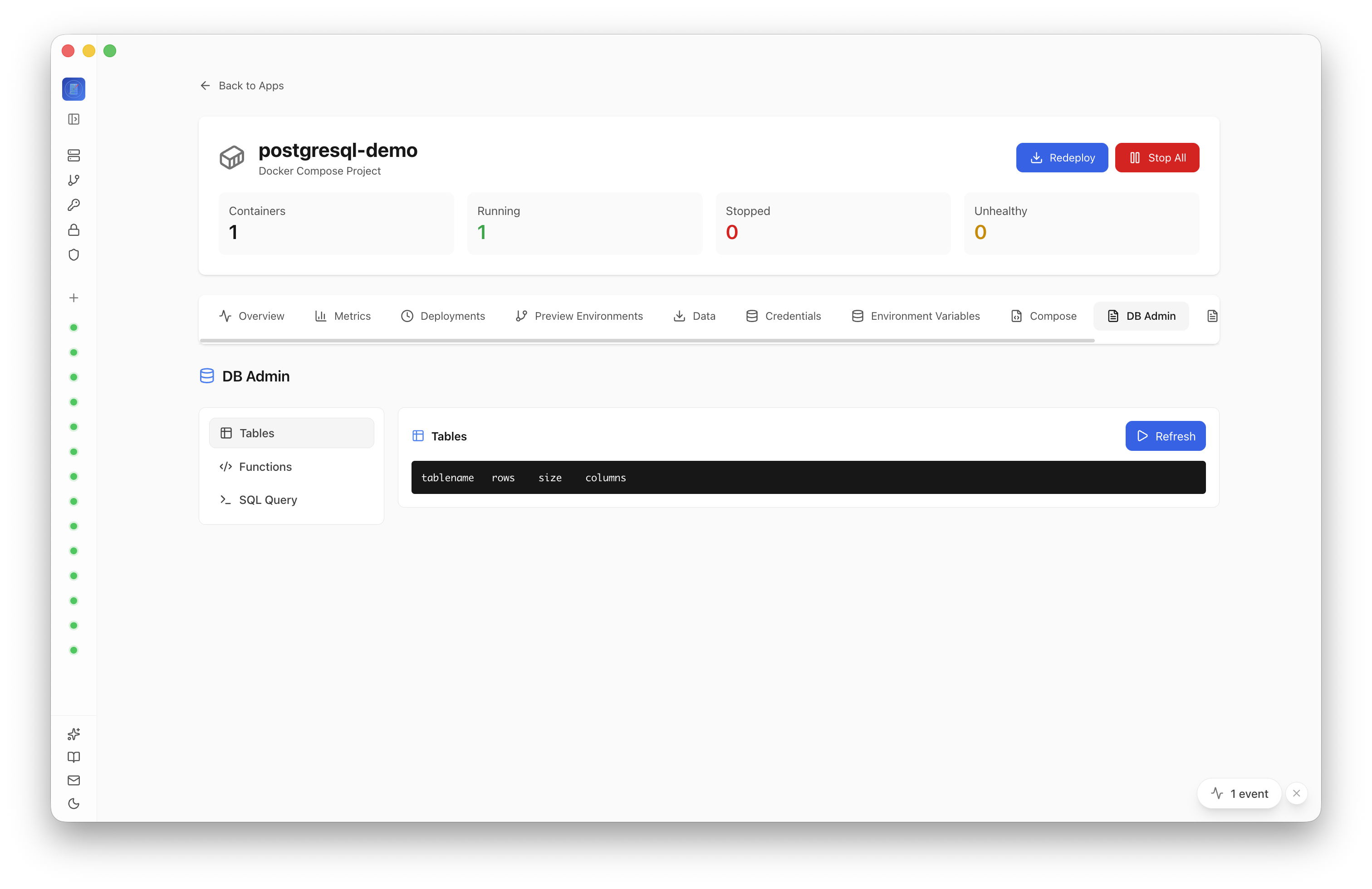PostgreSQL DB Admin page showing the deployed database is available