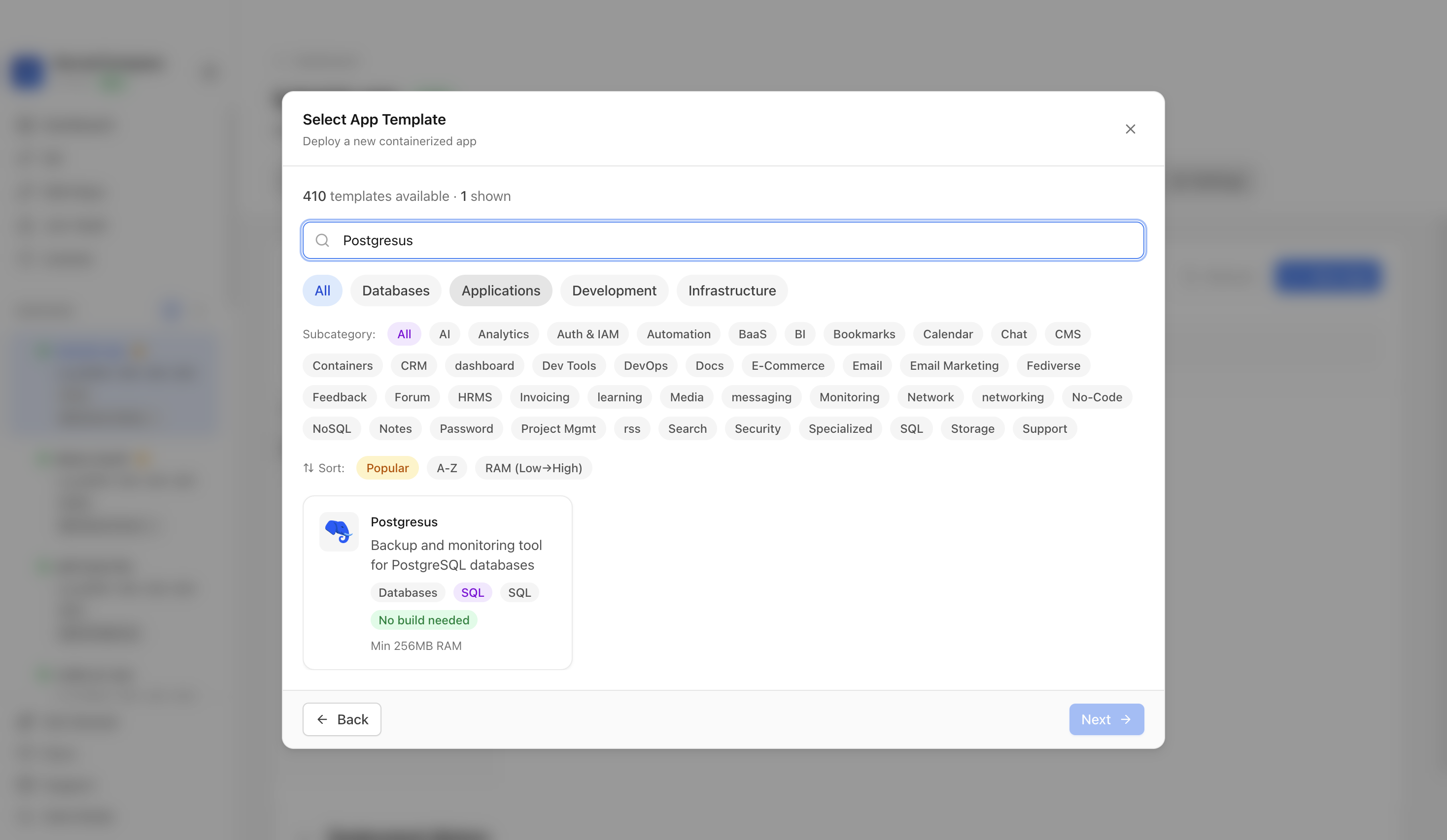 Searching for Postgresus in the Server Compass template picker
