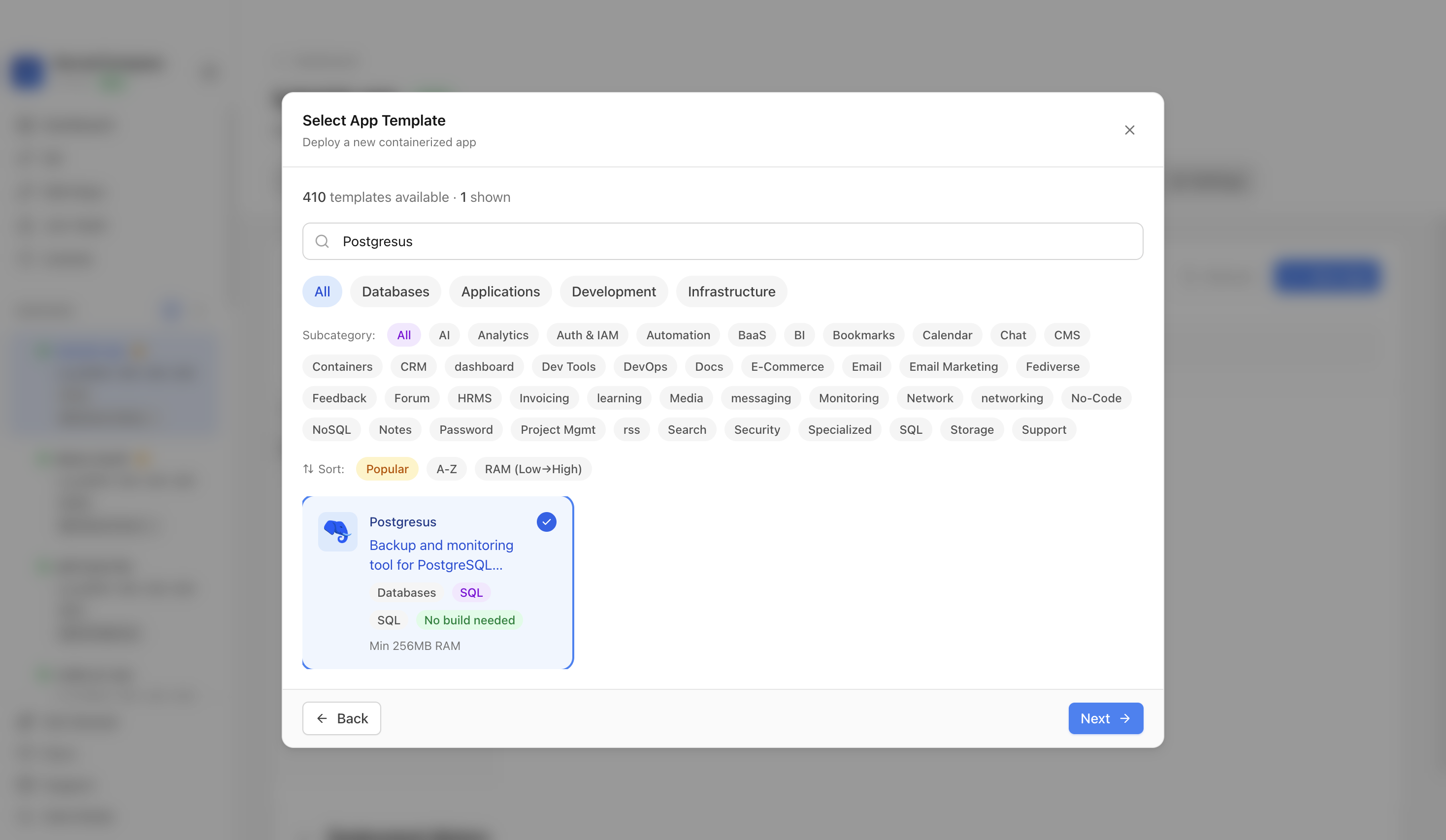 Postgresus template selected in Server Compass