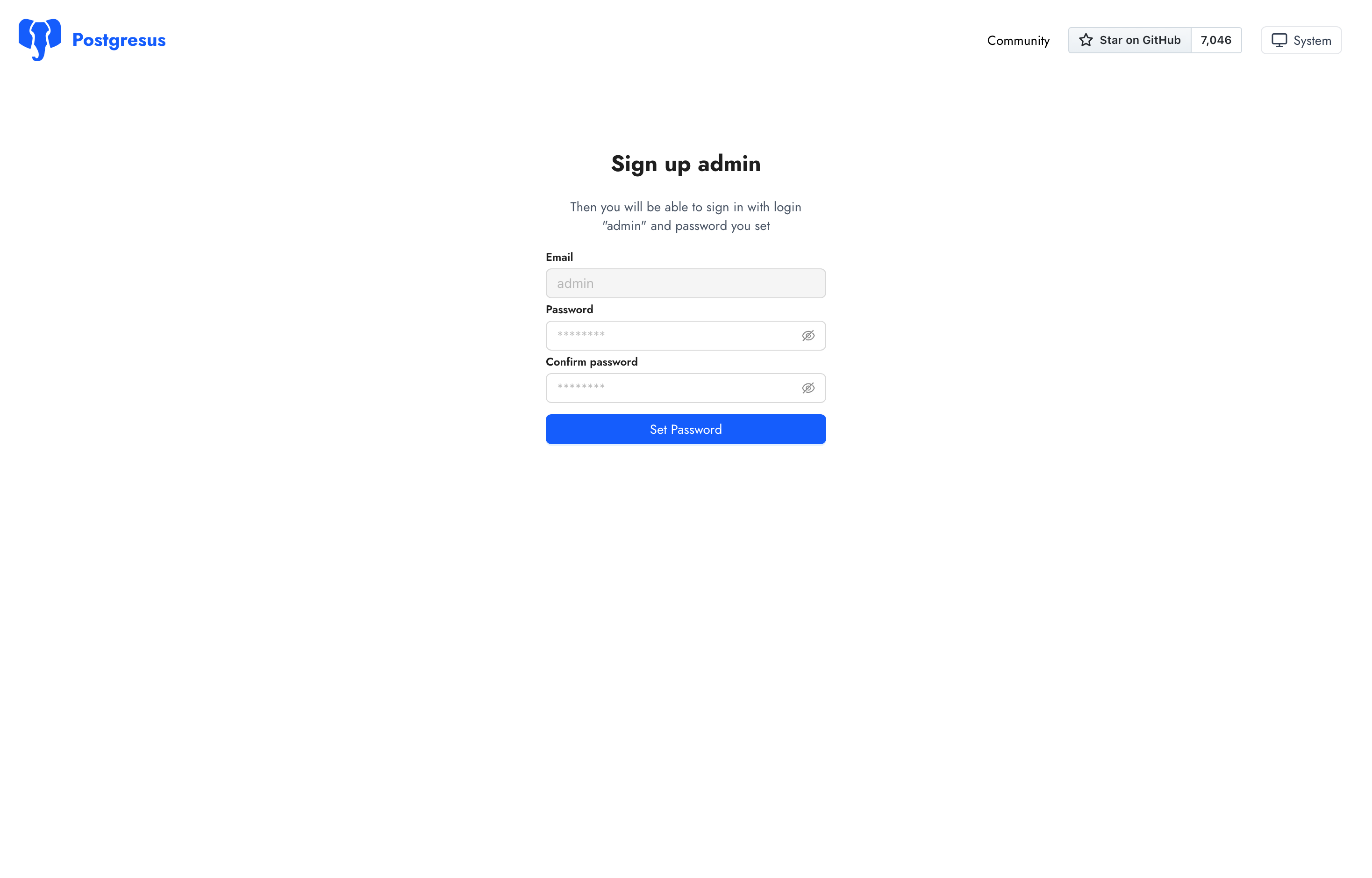 The deployed Postgresus web UI loaded in a browser