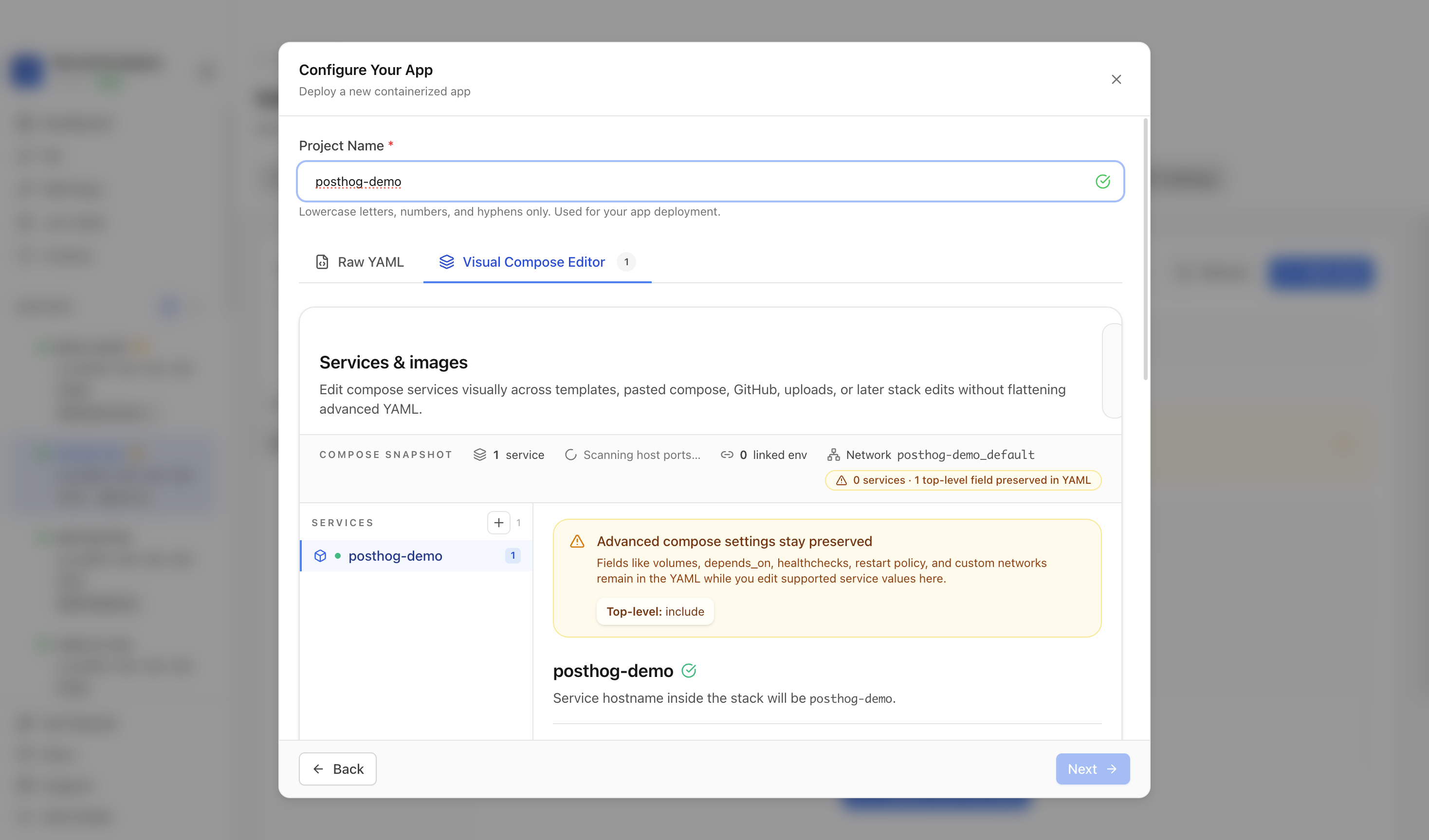 Reviewing PostHog project settings and compose services
