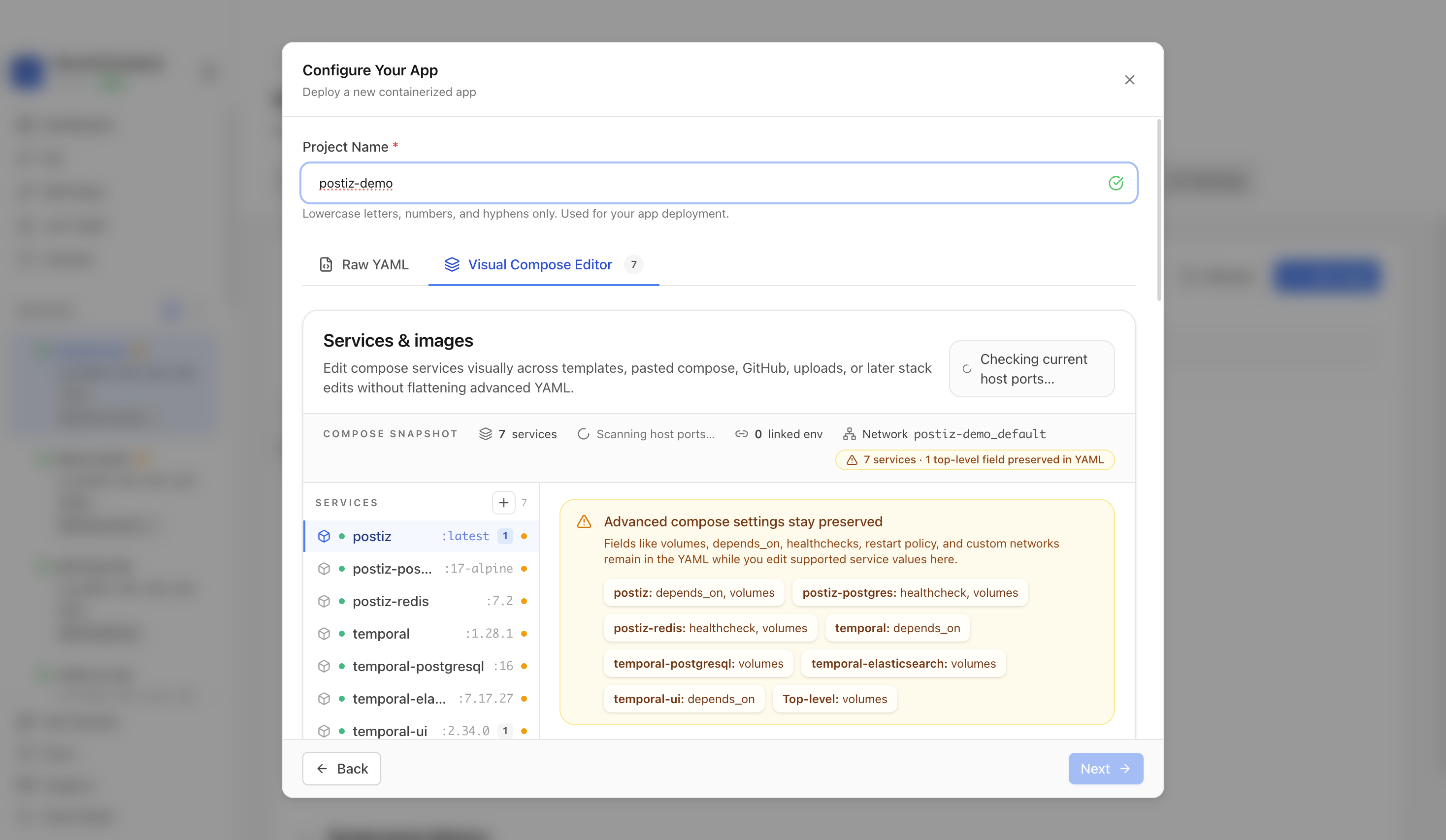 Reviewing Postiz project settings and compose service