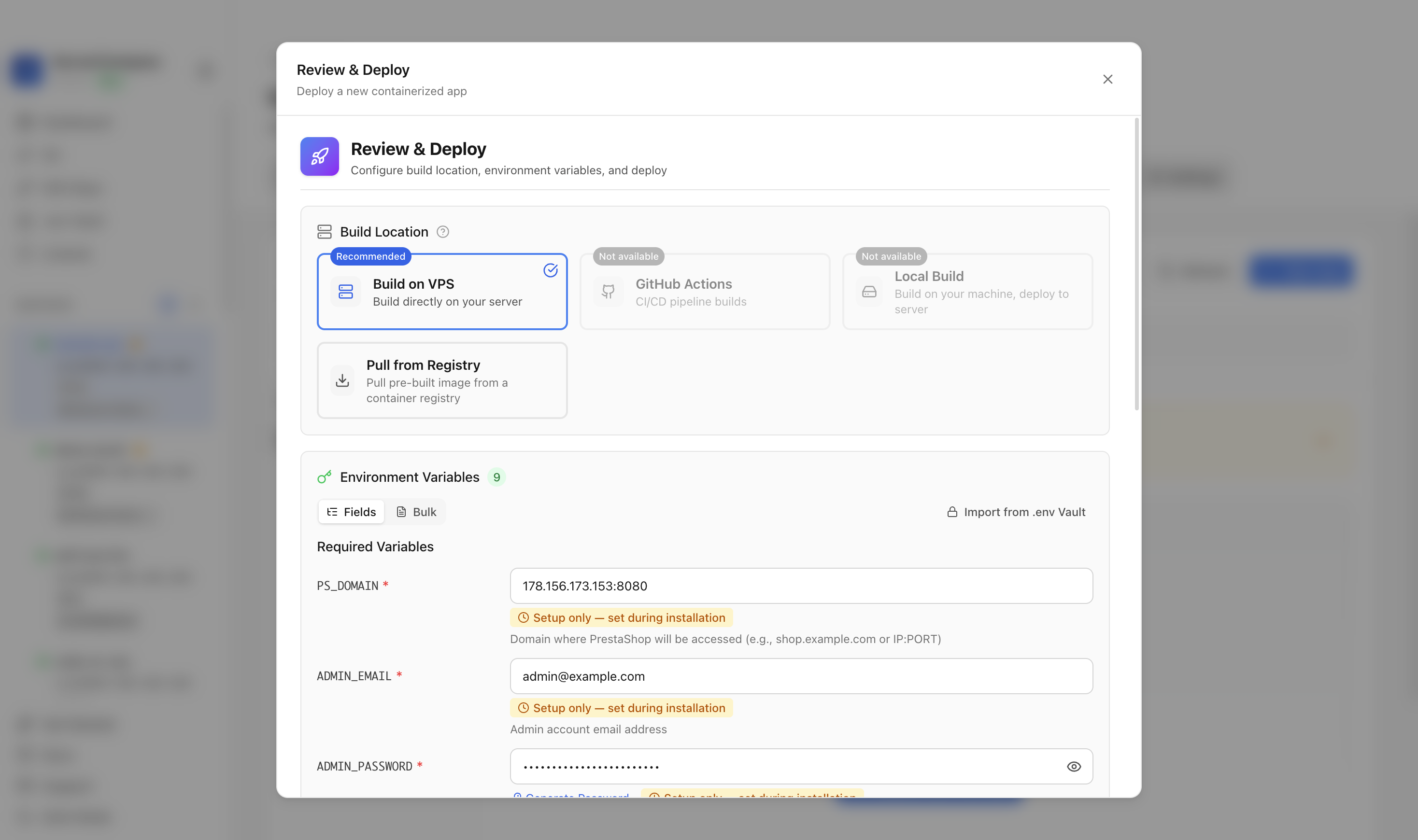 Reviewing PrestaShop environment variables and port before deployment