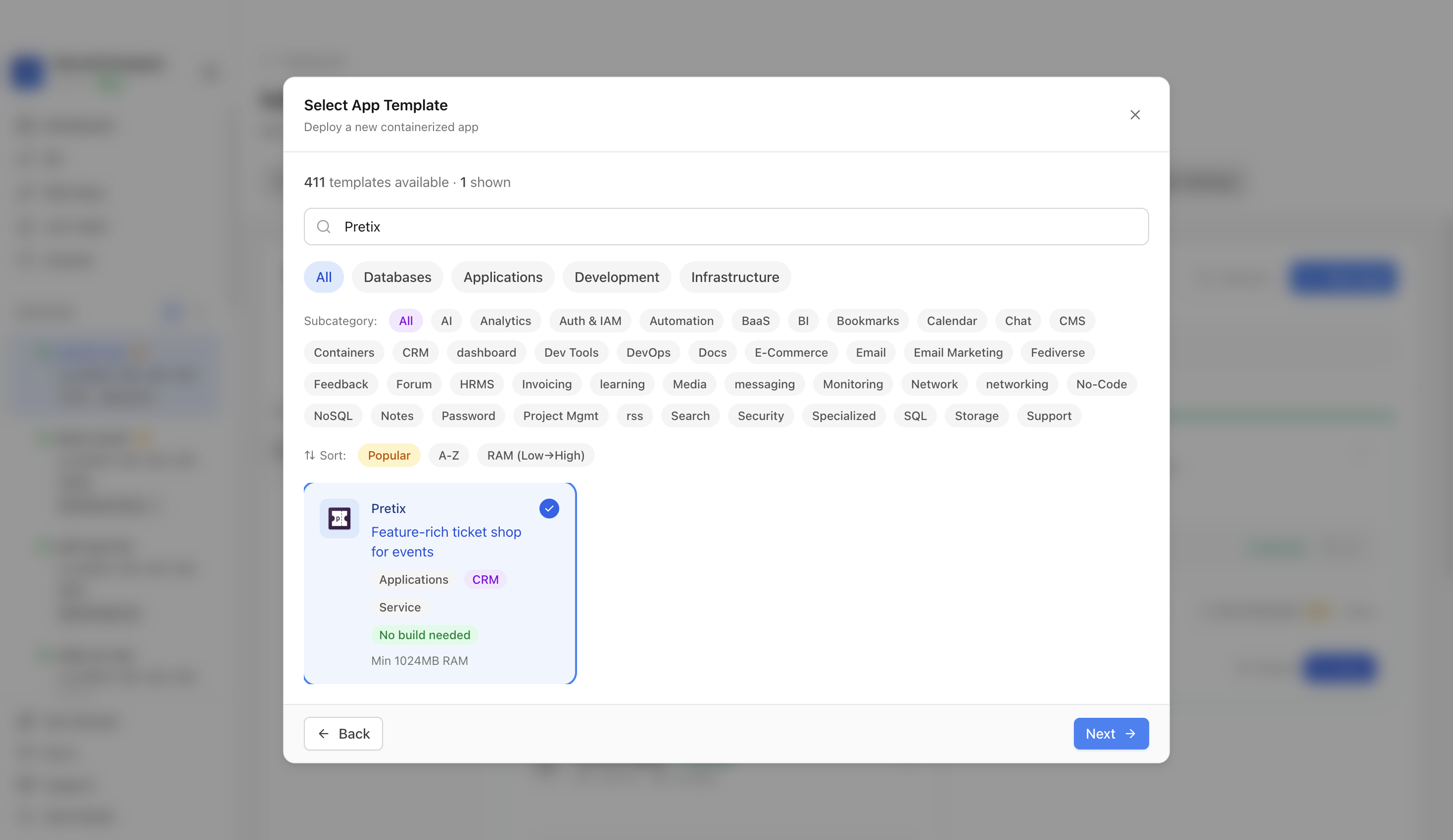 Pretix template selected in Server Compass