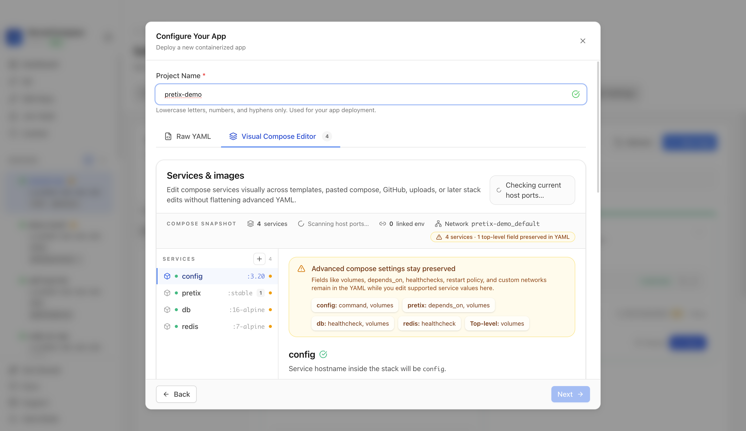 Reviewing Pretix project settings and compose services