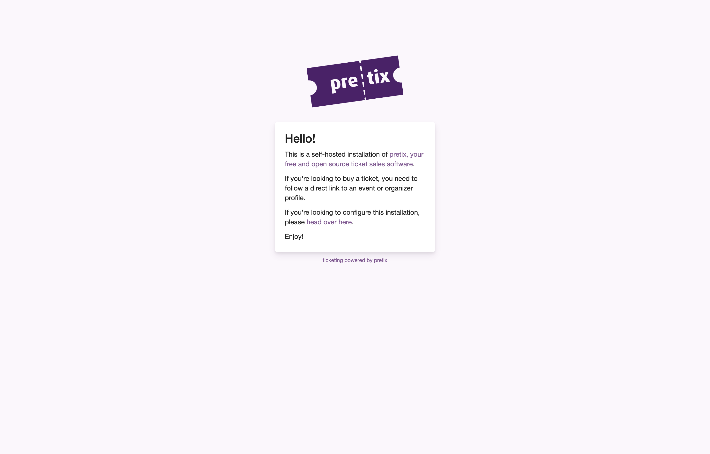 The deployed Pretix web UI loaded in a browser