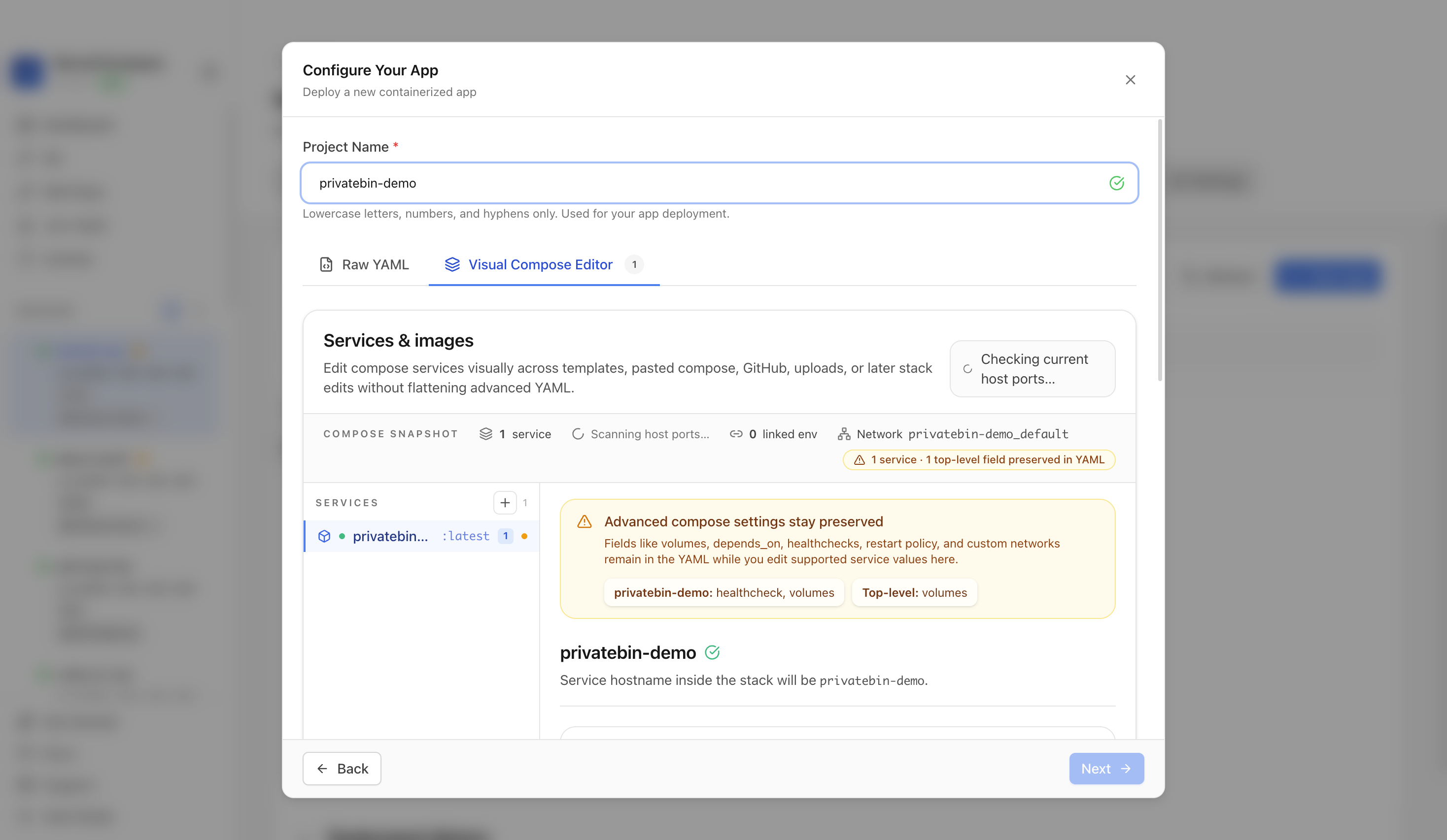 Reviewing PrivateBin project settings and compose service