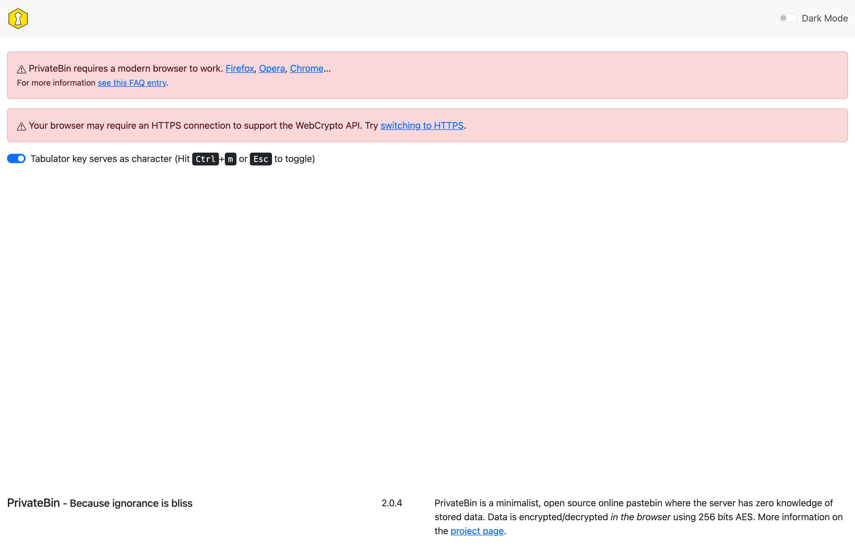 The deployed PrivateBin web UI loaded in a browser