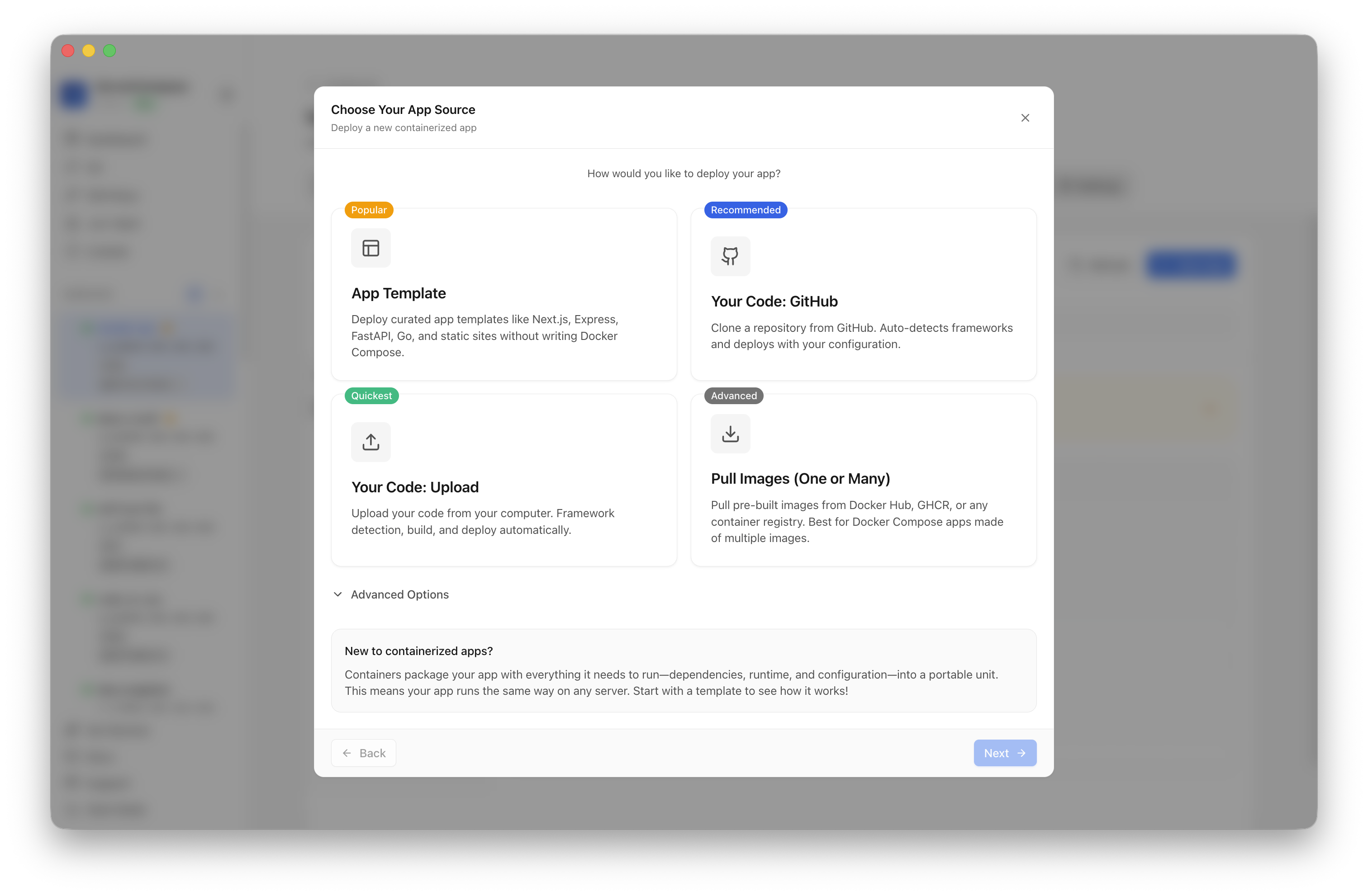 Choosing to deploy an app from a Server Compass template