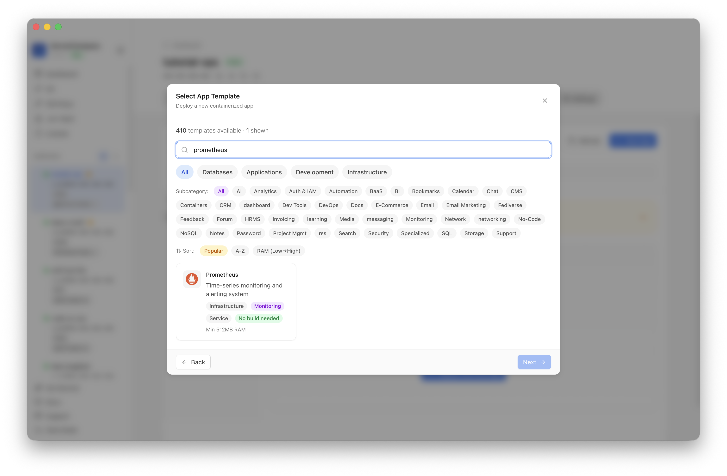 Searching for Prometheus in the Server Compass template picker