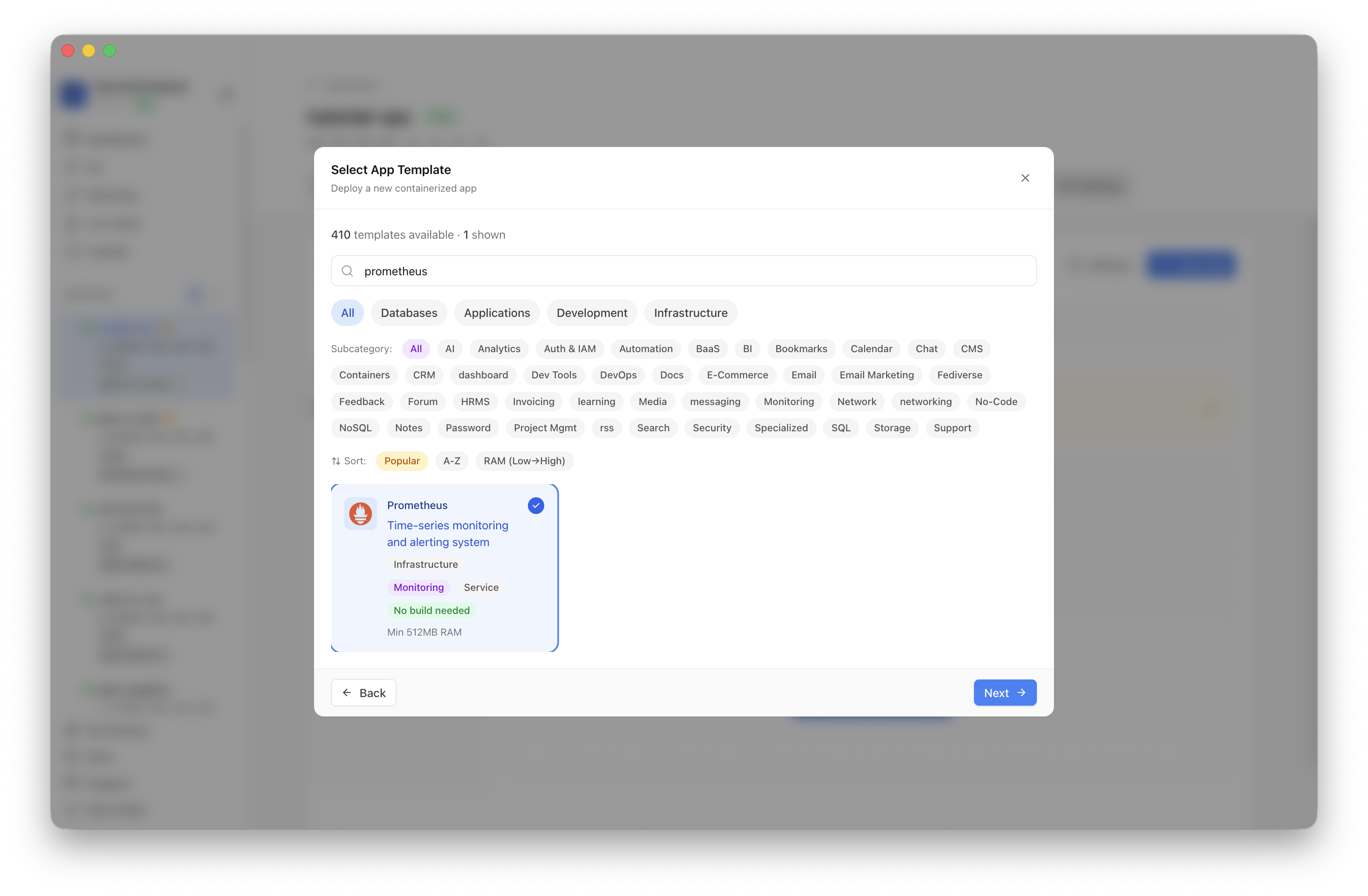 Prometheus template selected in Server Compass