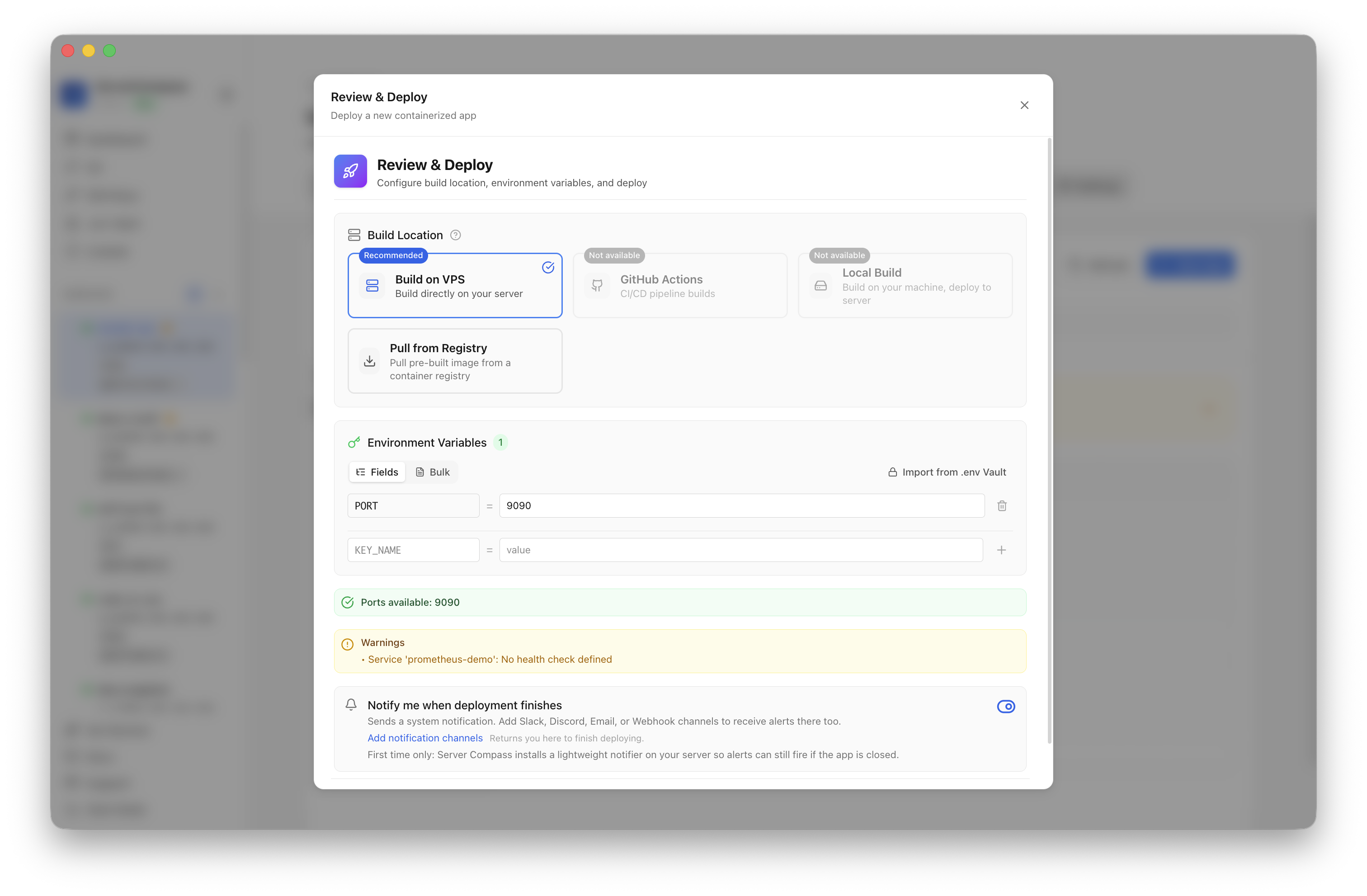 Reviewing Prometheus host port and deployment settings before deployment