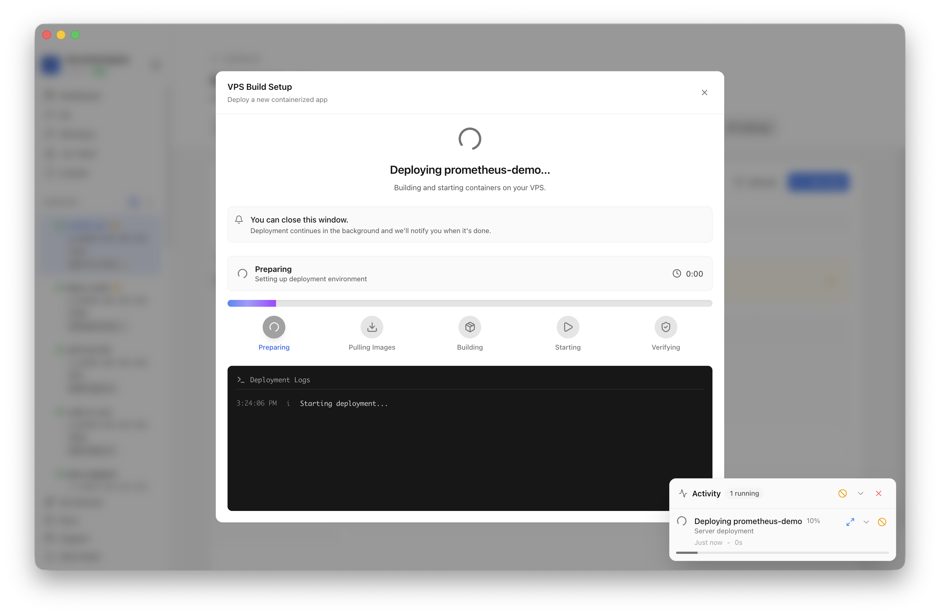 Server Compass deploying the Prometheus template on the VPS