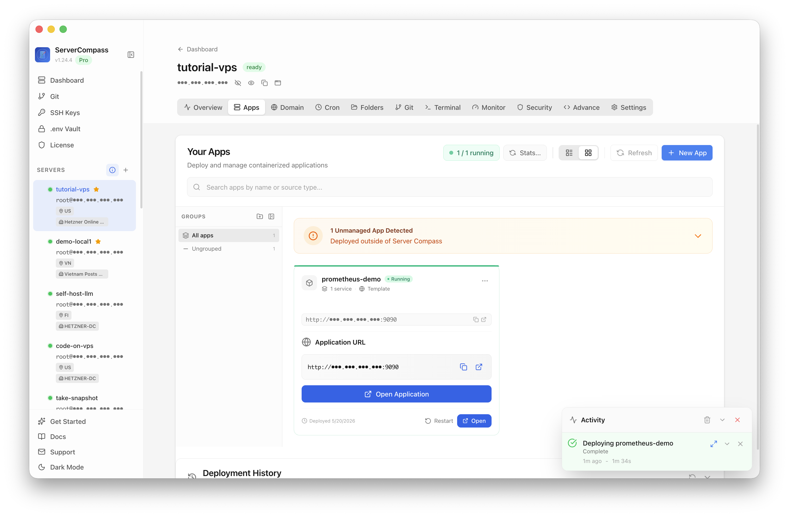 Prometheus template running in the Server Compass Apps tab