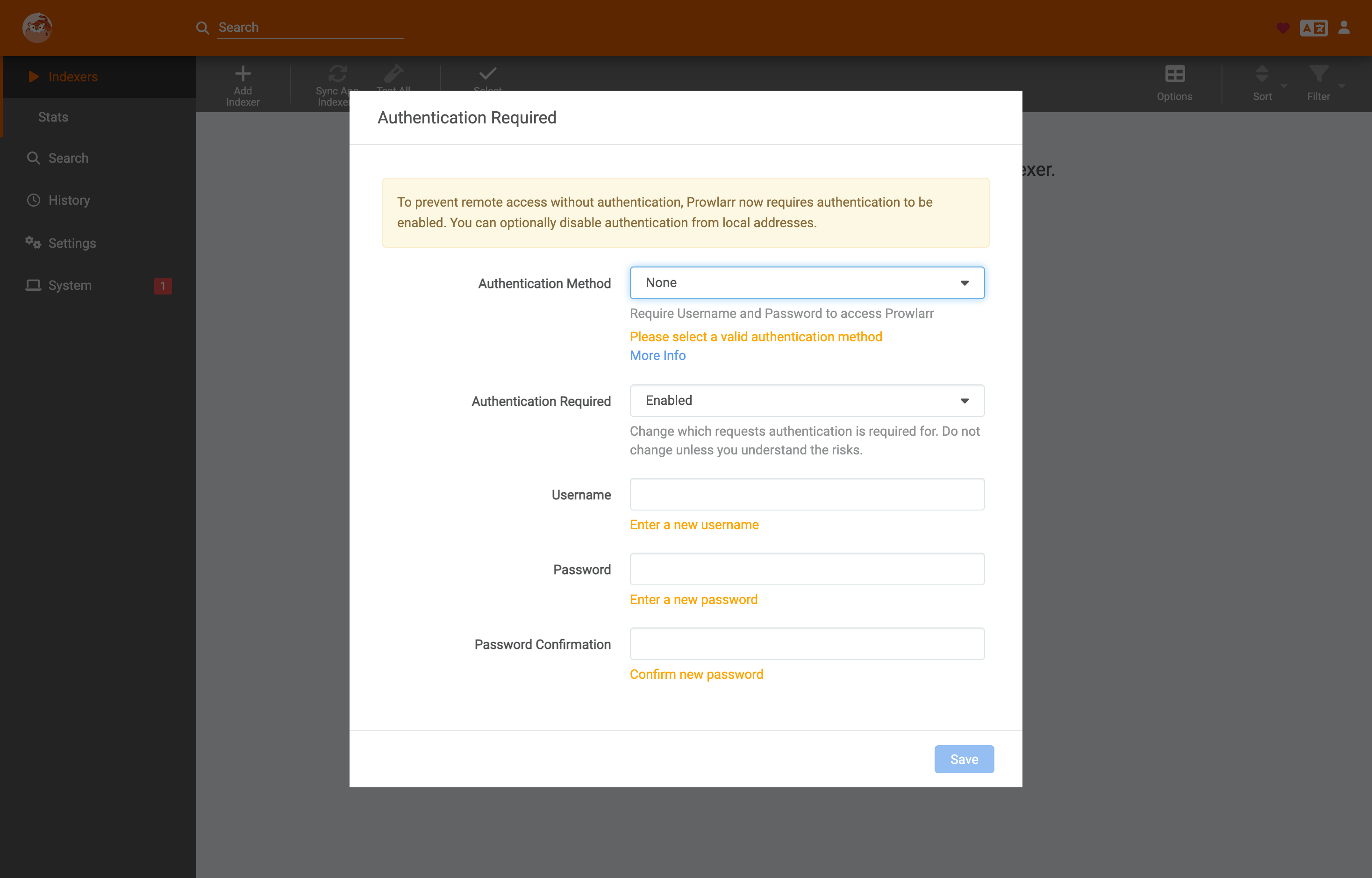 The deployed Prowlarr web UI loaded in a browser