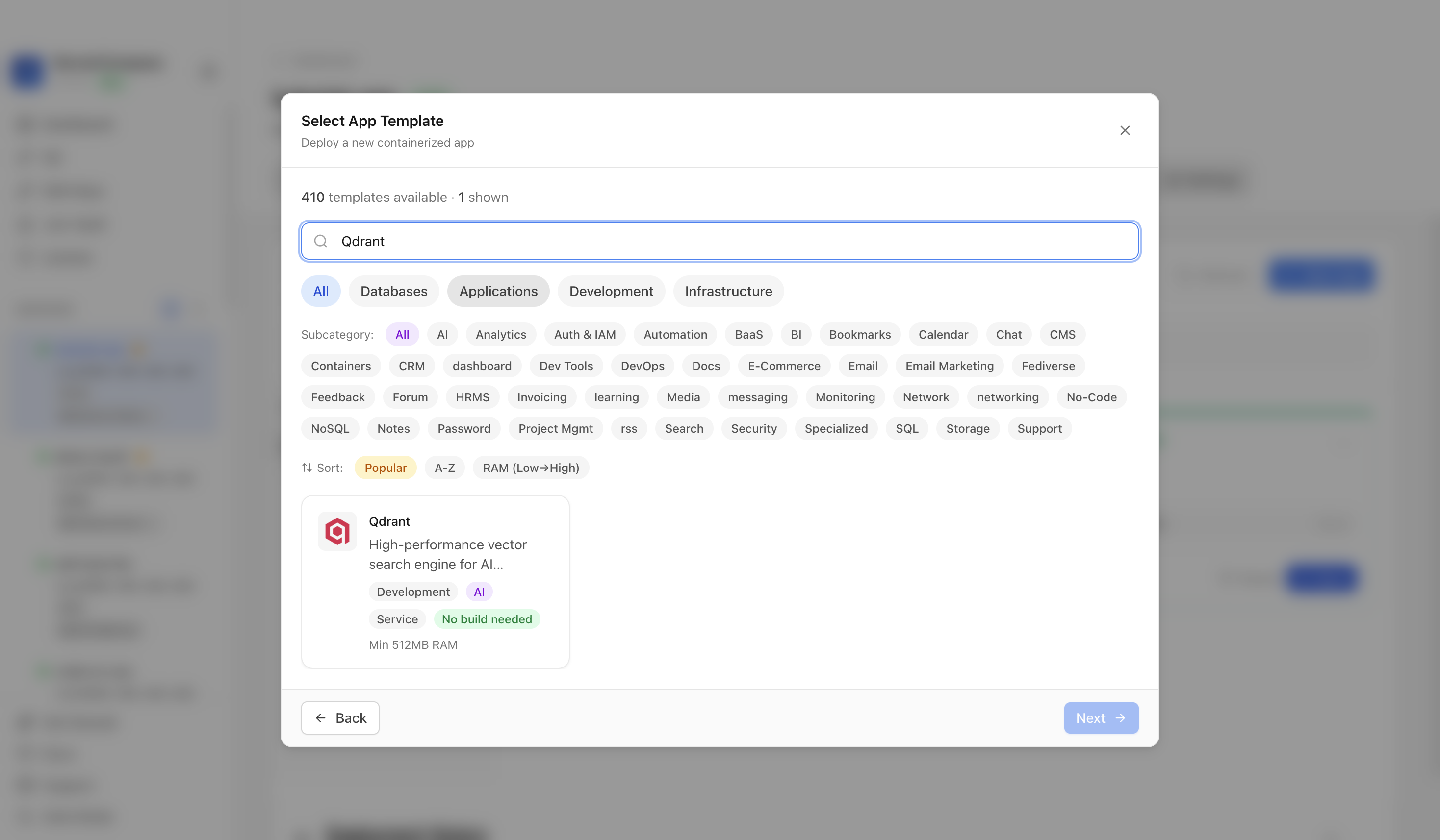 Searching for Qdrant in the Server Compass template picker