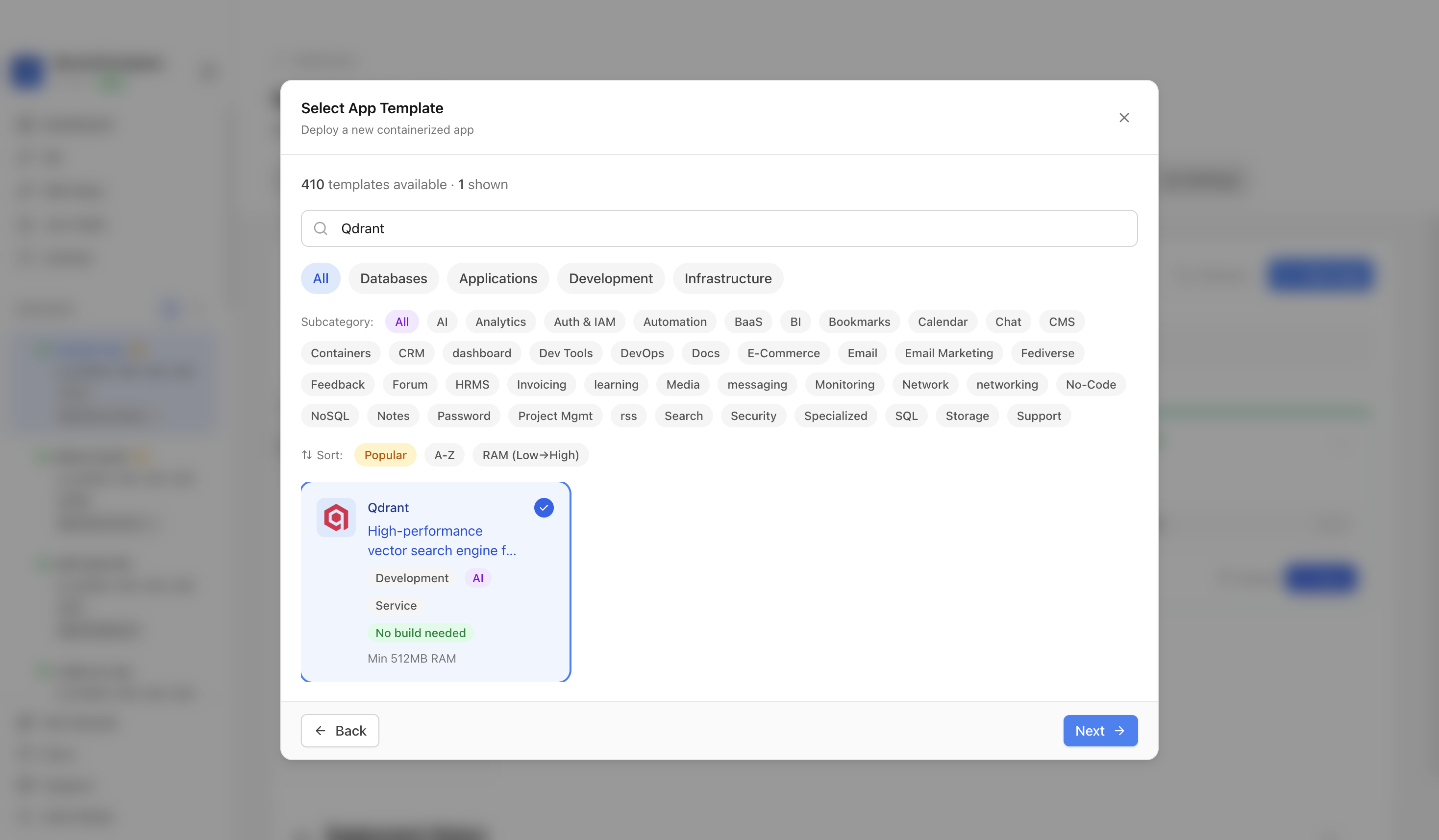 Qdrant template selected in Server Compass