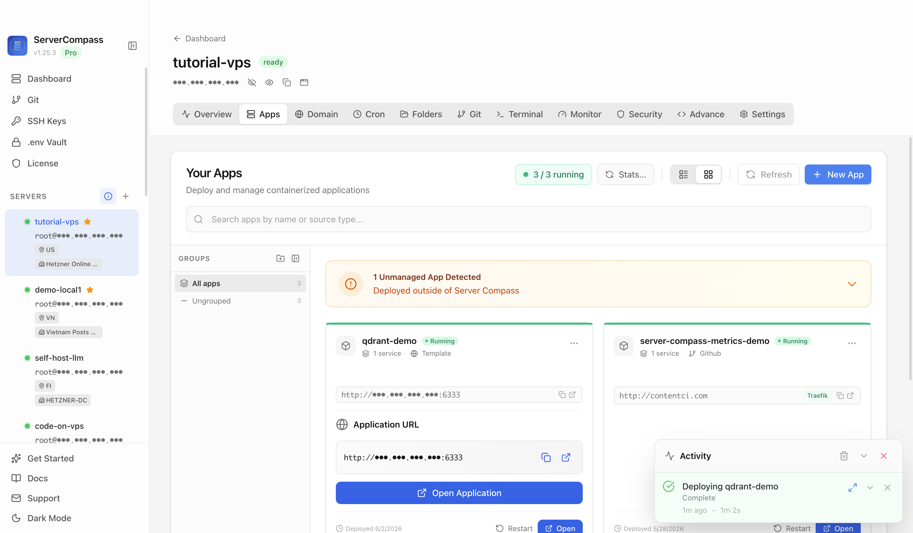 Qdrant template running in the Server Compass Apps tab