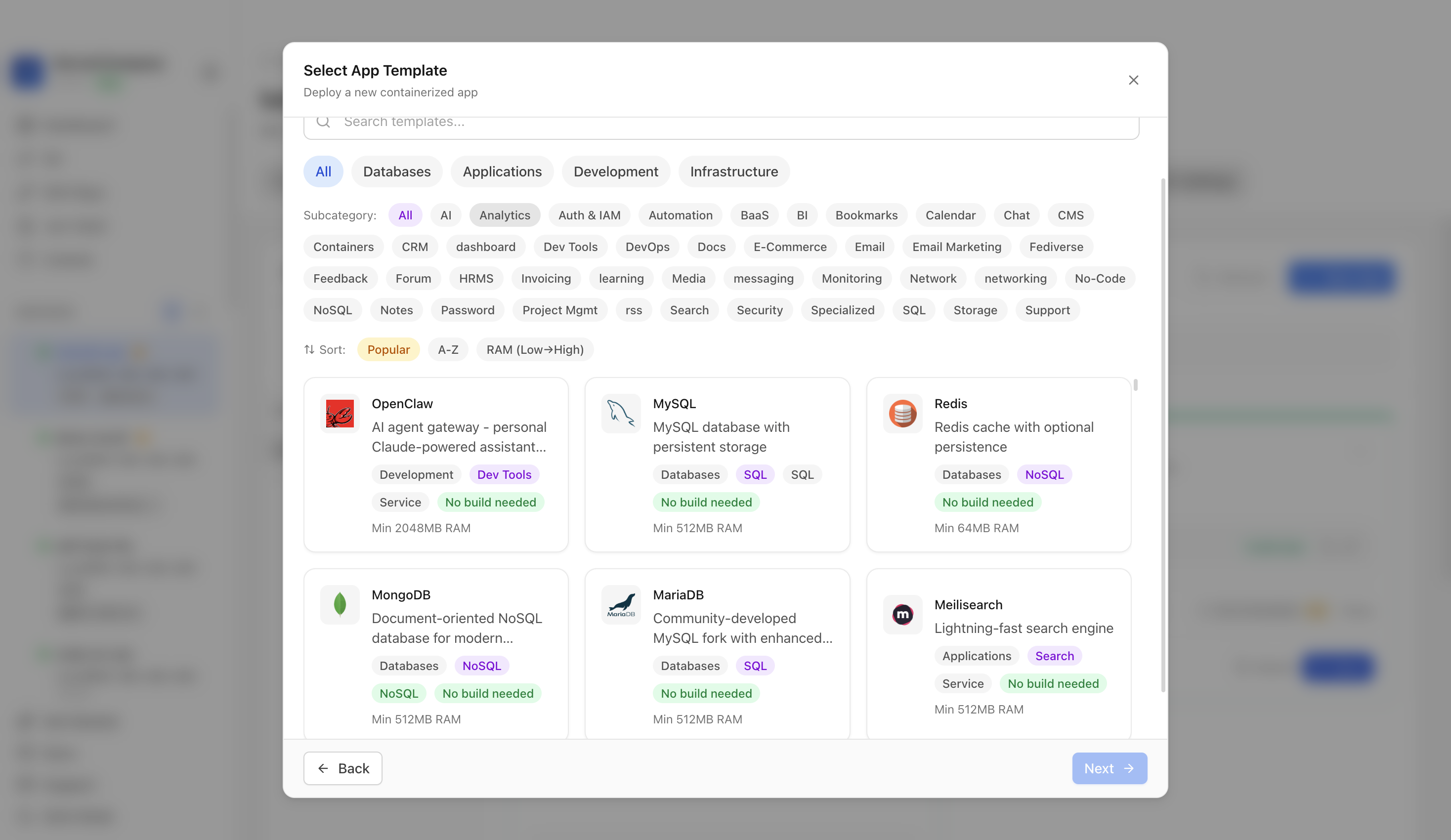 Choosing to deploy an app from a Server Compass template