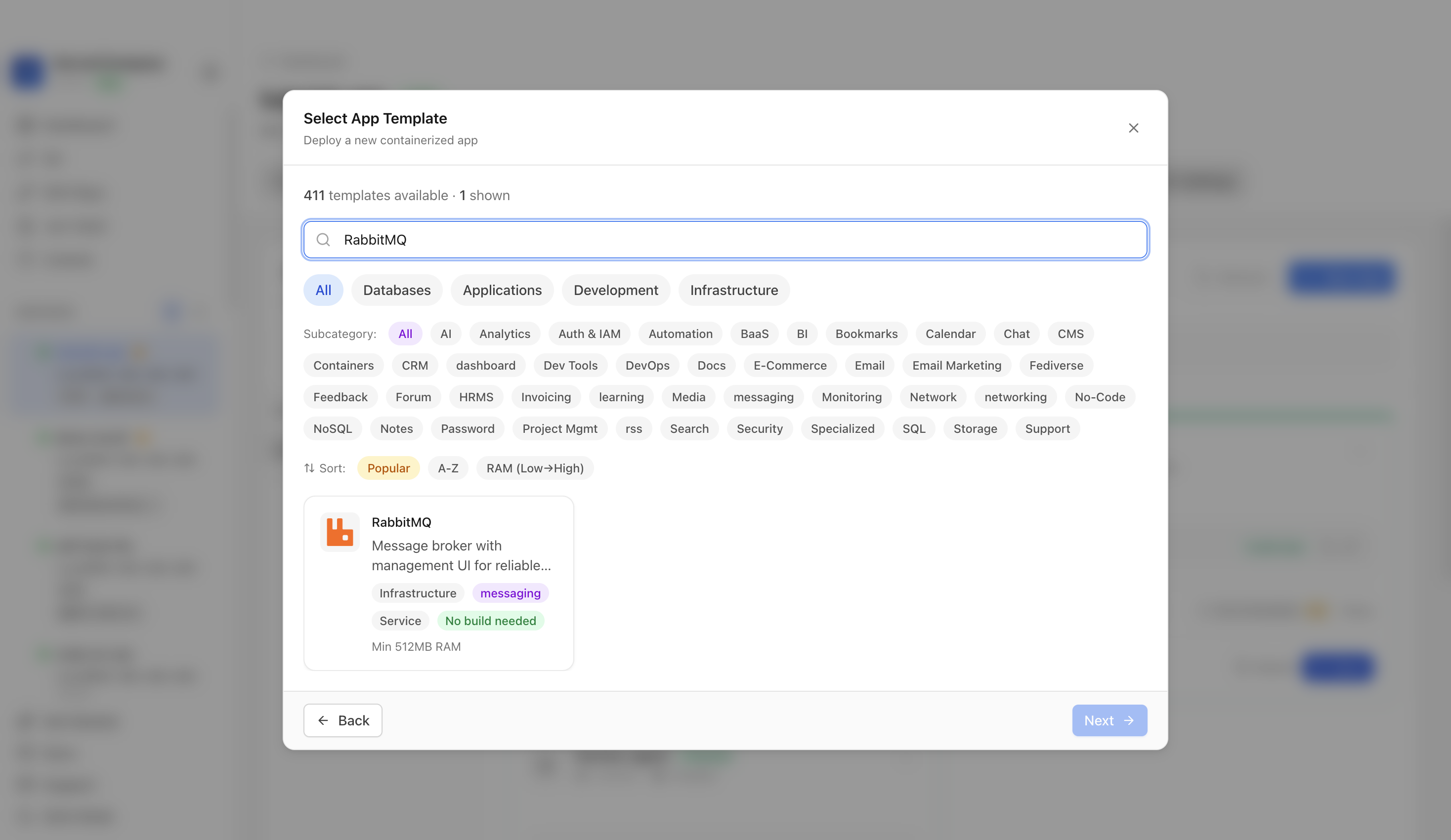 Searching for RabbitMQ in the Server Compass template picker
