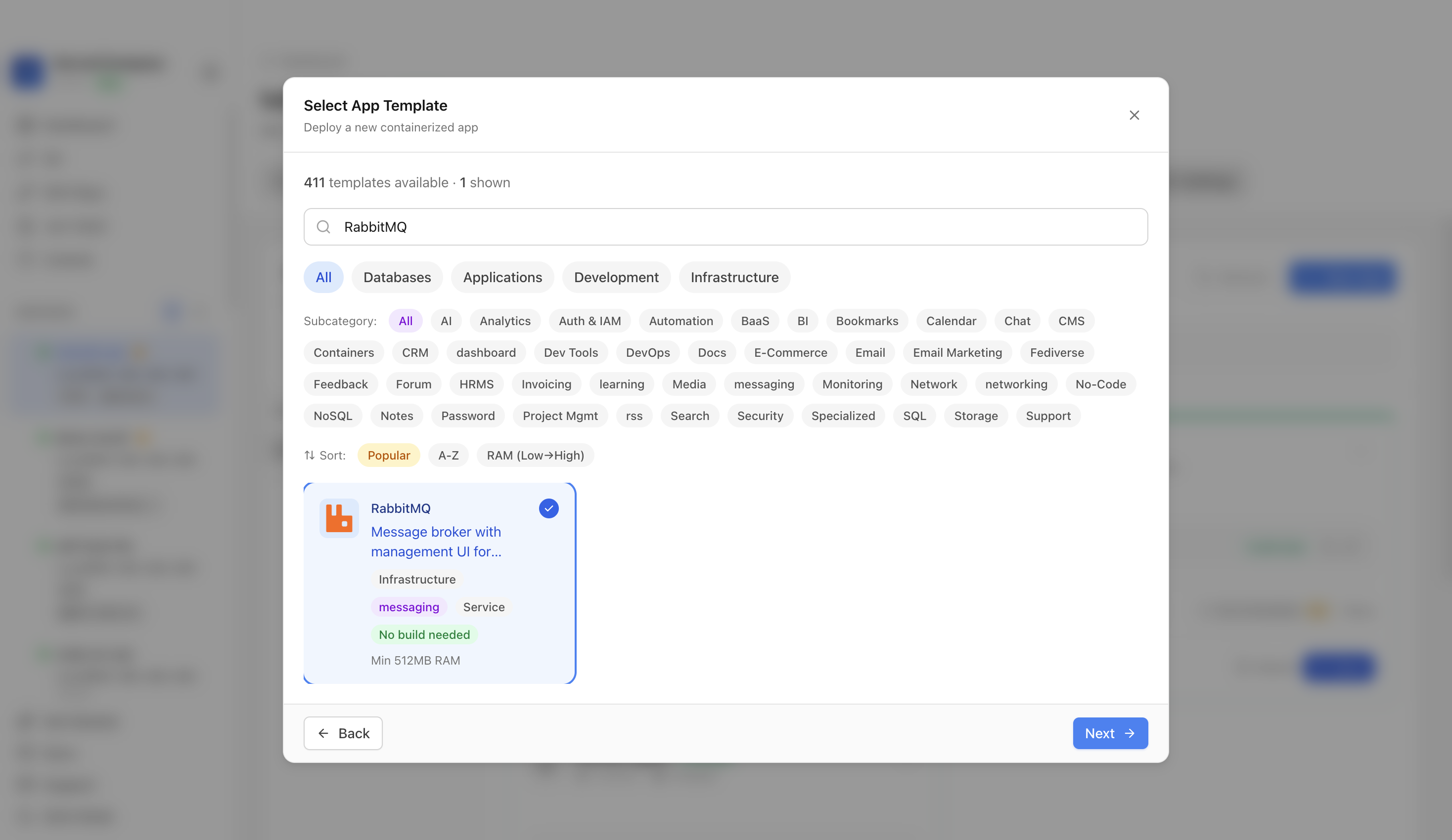 RabbitMQ template selected in Server Compass