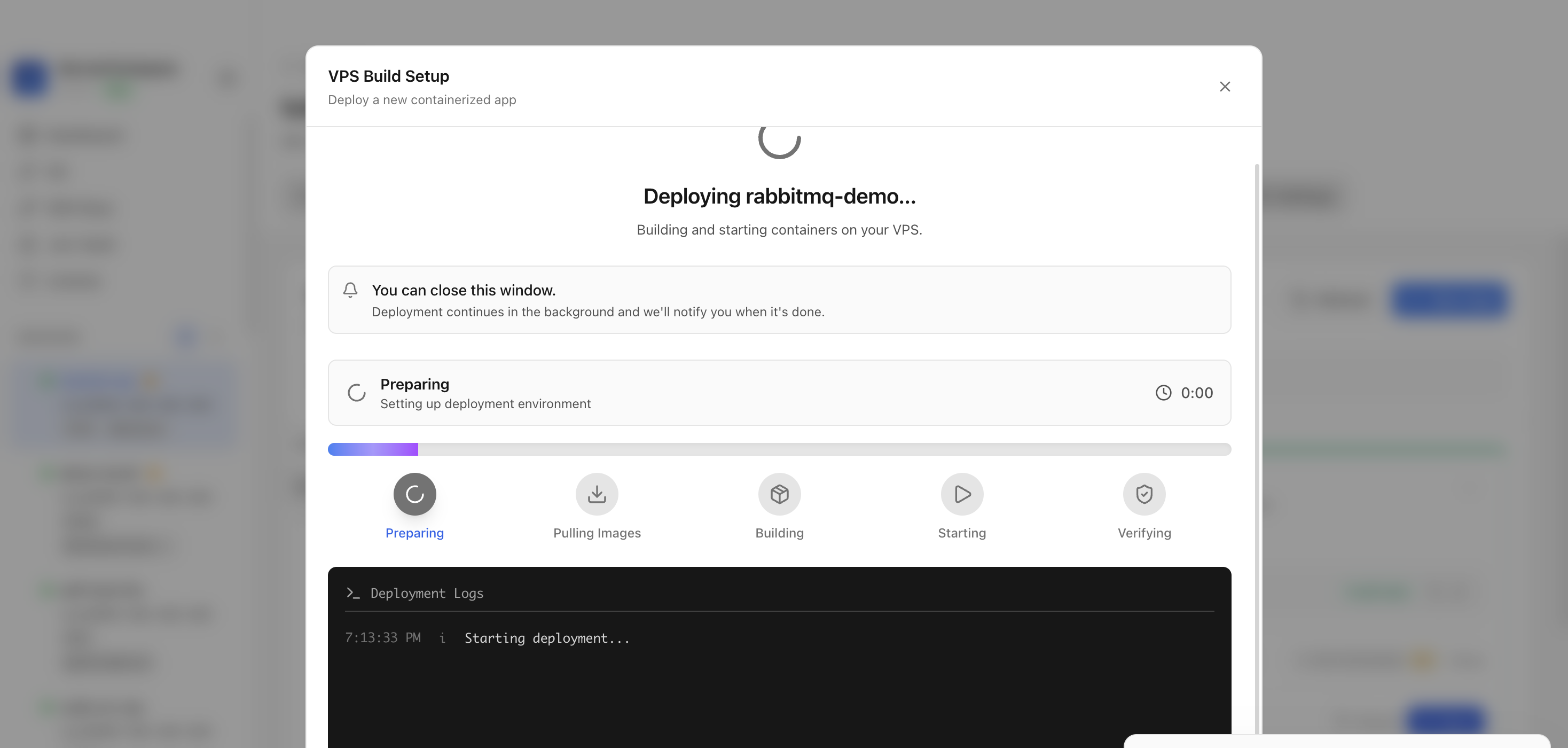 Server Compass deploying the RabbitMQ template on the VPS