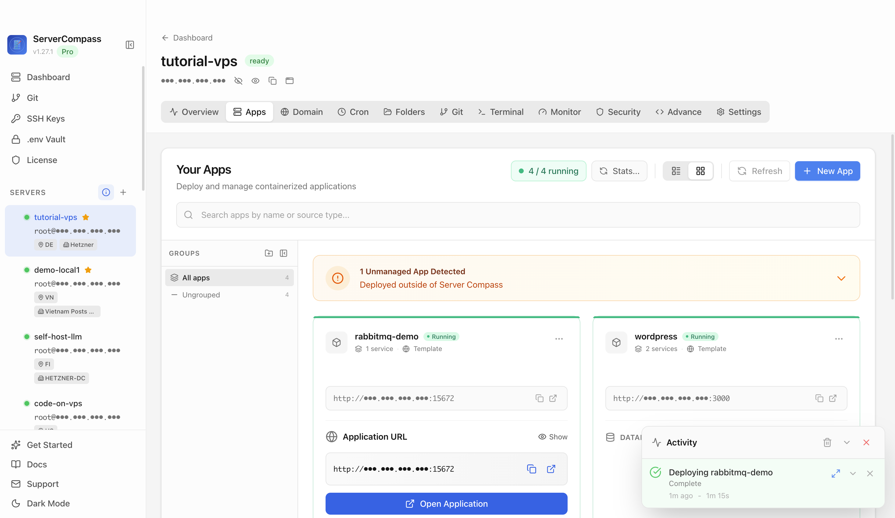 RabbitMQ template running in the Server Compass Apps tab