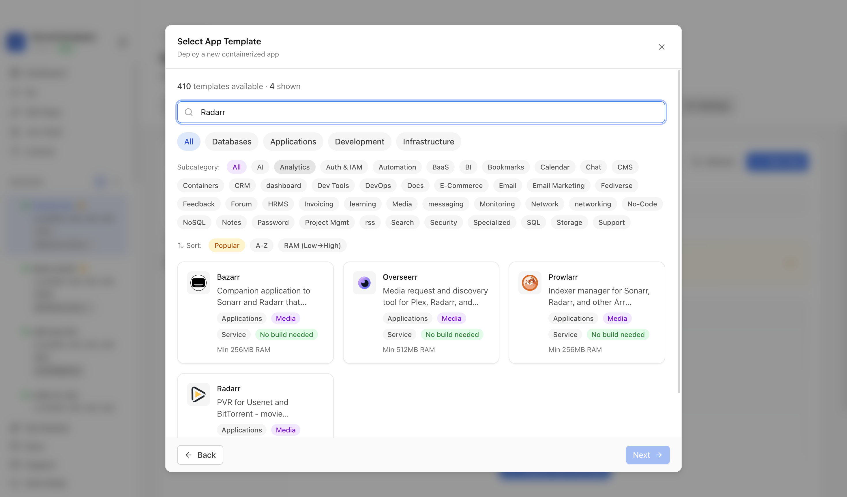 Searching for Radarr in the Server Compass template picker