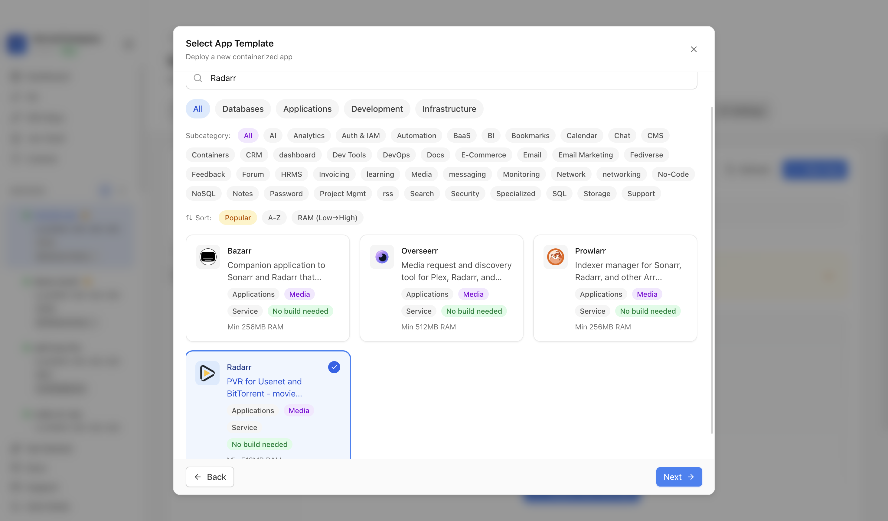 Radarr template selected in Server Compass