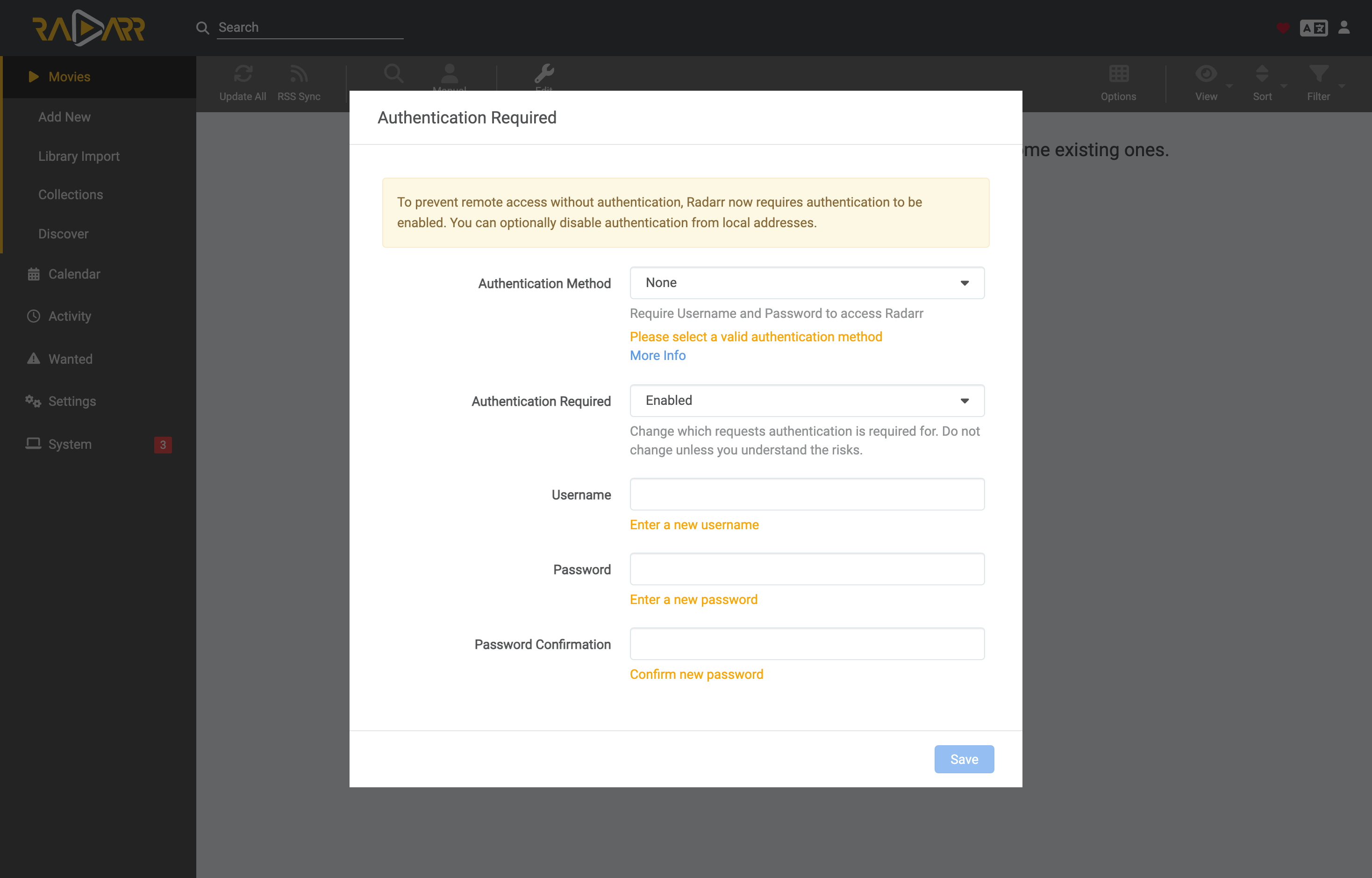 The deployed Radarr web UI loaded in a browser